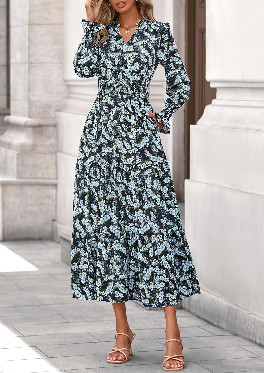 image:imagePRETTYGARDEN Womens Floral Maxi Dress Fall A Line Wedding Guest DressesFloral Blue Yellow