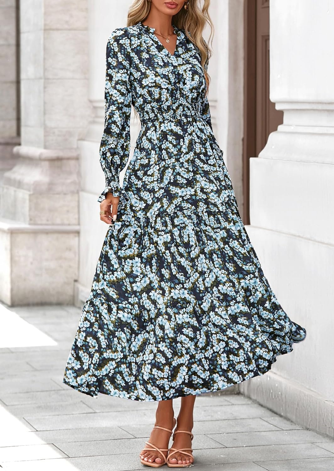 image:imagePRETTYGARDEN Womens Floral Maxi Dress Fall A Line Wedding Guest DressesFloral Blue Yellow
