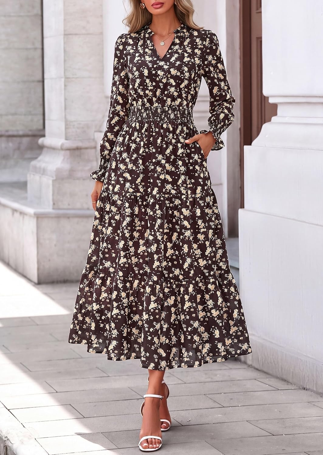 image:imagePRETTYGARDEN Womens Floral Maxi Dress Fall A Line Wedding Guest DressesFloral Brown Orange