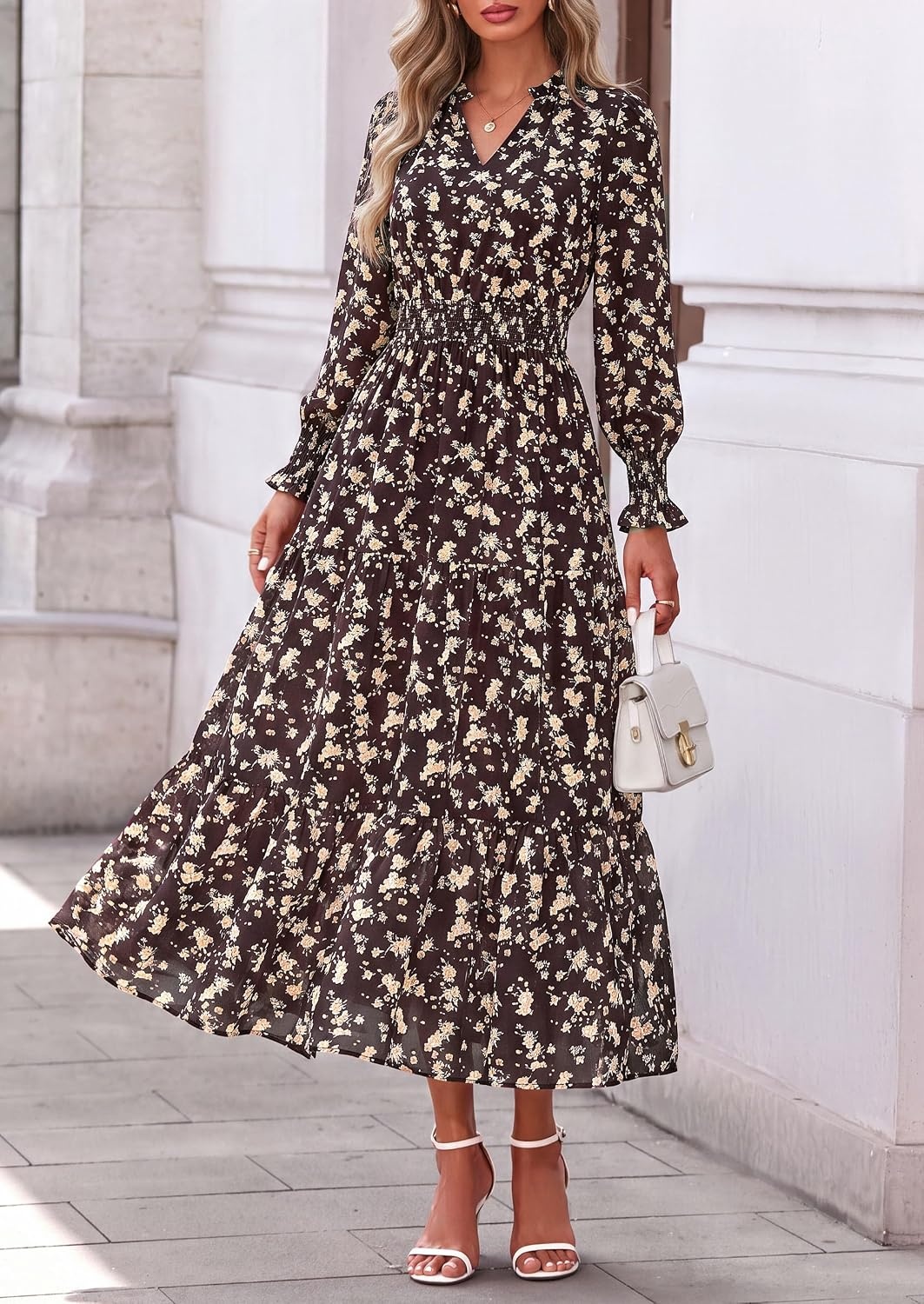 image:imagePRETTYGARDEN Womens Floral Maxi Dress Fall A Line Wedding Guest DressesFloral Brown Orange