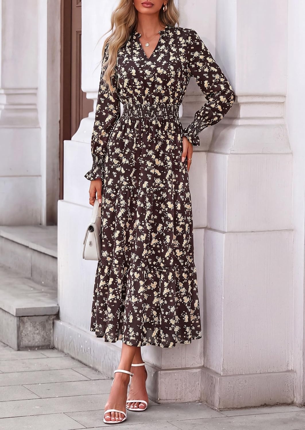 image:imagePRETTYGARDEN Womens Floral Maxi Dress Fall A Line Wedding Guest DressesFloral Brown Orange