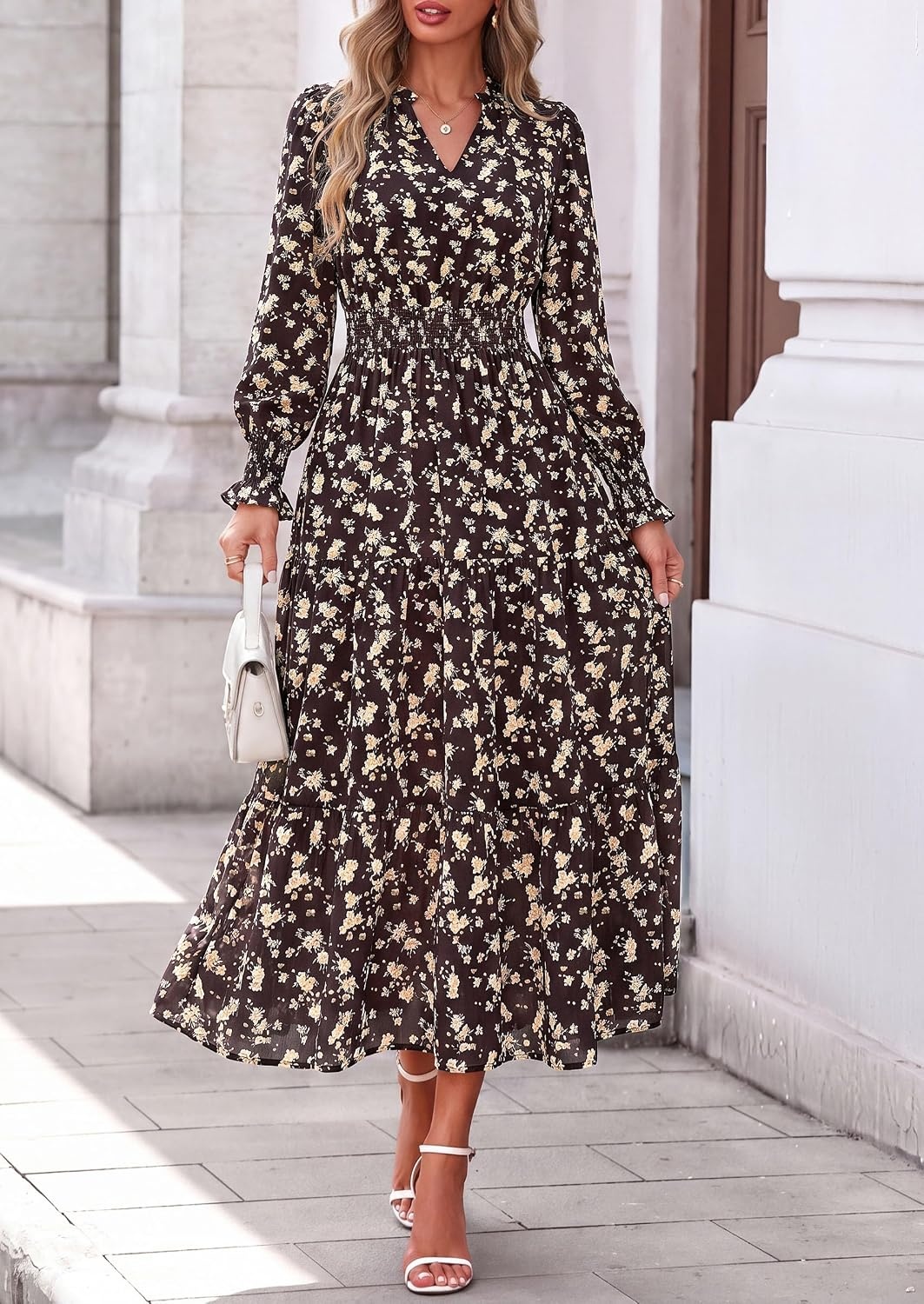 image:imagePRETTYGARDEN Womens Floral Maxi Dress Fall A Line Wedding Guest DressesFloral Brown Orange