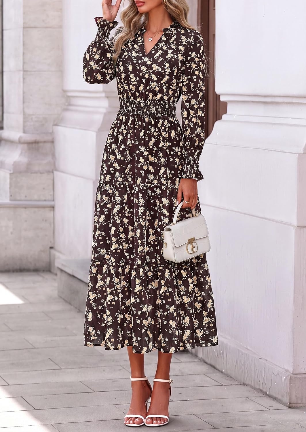 image:imagePRETTYGARDEN Womens Floral Maxi Dress Fall A Line Wedding Guest DressesFloral Brown Orange