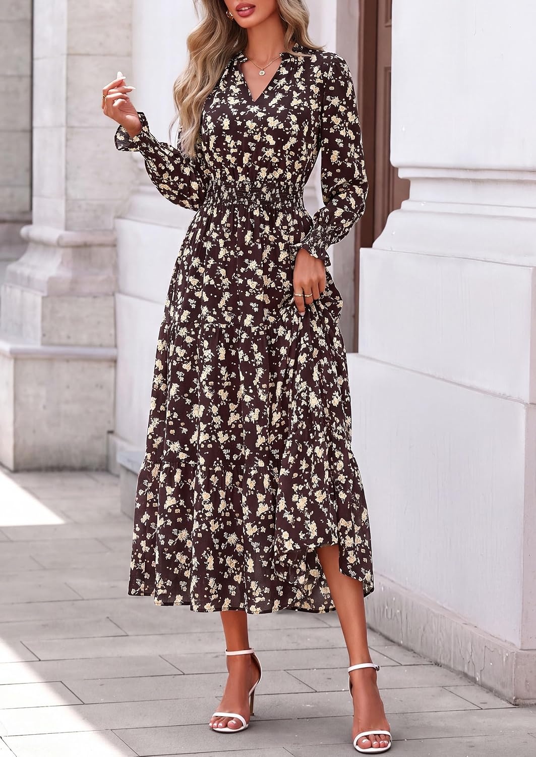 image:imagePRETTYGARDEN Womens Floral Maxi Dress Fall A Line Wedding Guest DressesFloral Brown Orange