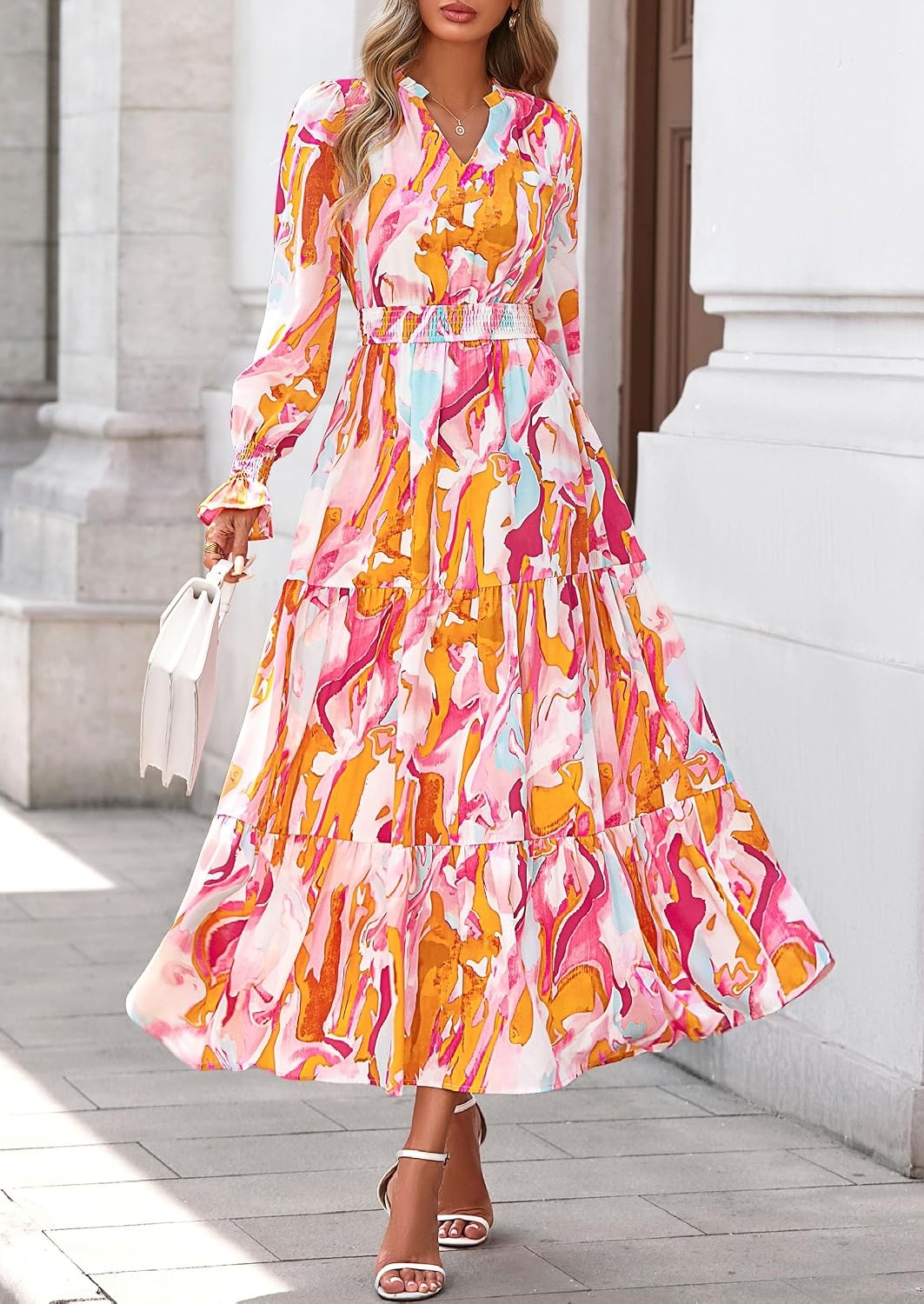 image:imagePRETTYGARDEN Womens Floral Maxi Dress Fall A Line Wedding Guest DressesFloral Brown Purple