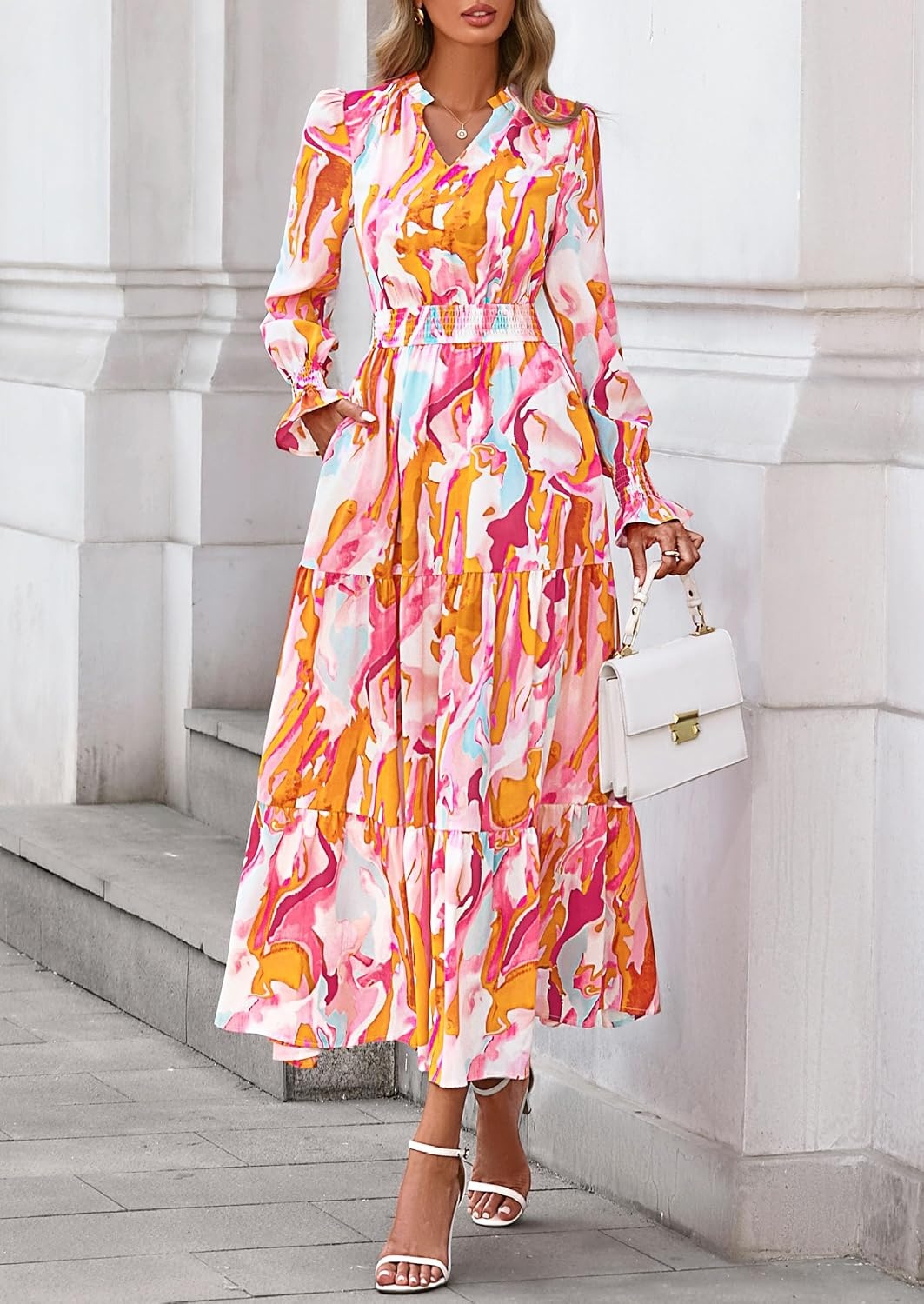 image:imagePRETTYGARDEN Womens Floral Maxi Dress Fall A Line Wedding Guest DressesFloral Brown Purple