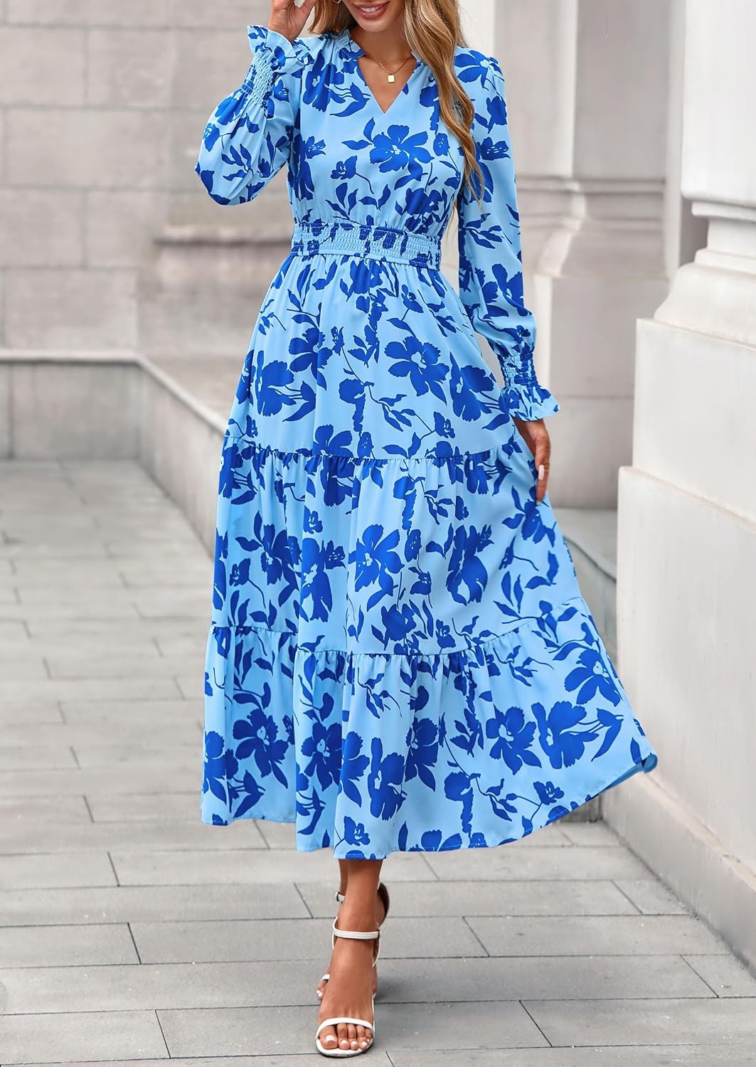 image:imagePRETTYGARDEN Womens Floral Maxi Dress Fall A Line Wedding Guest DressesFloral Light Blue