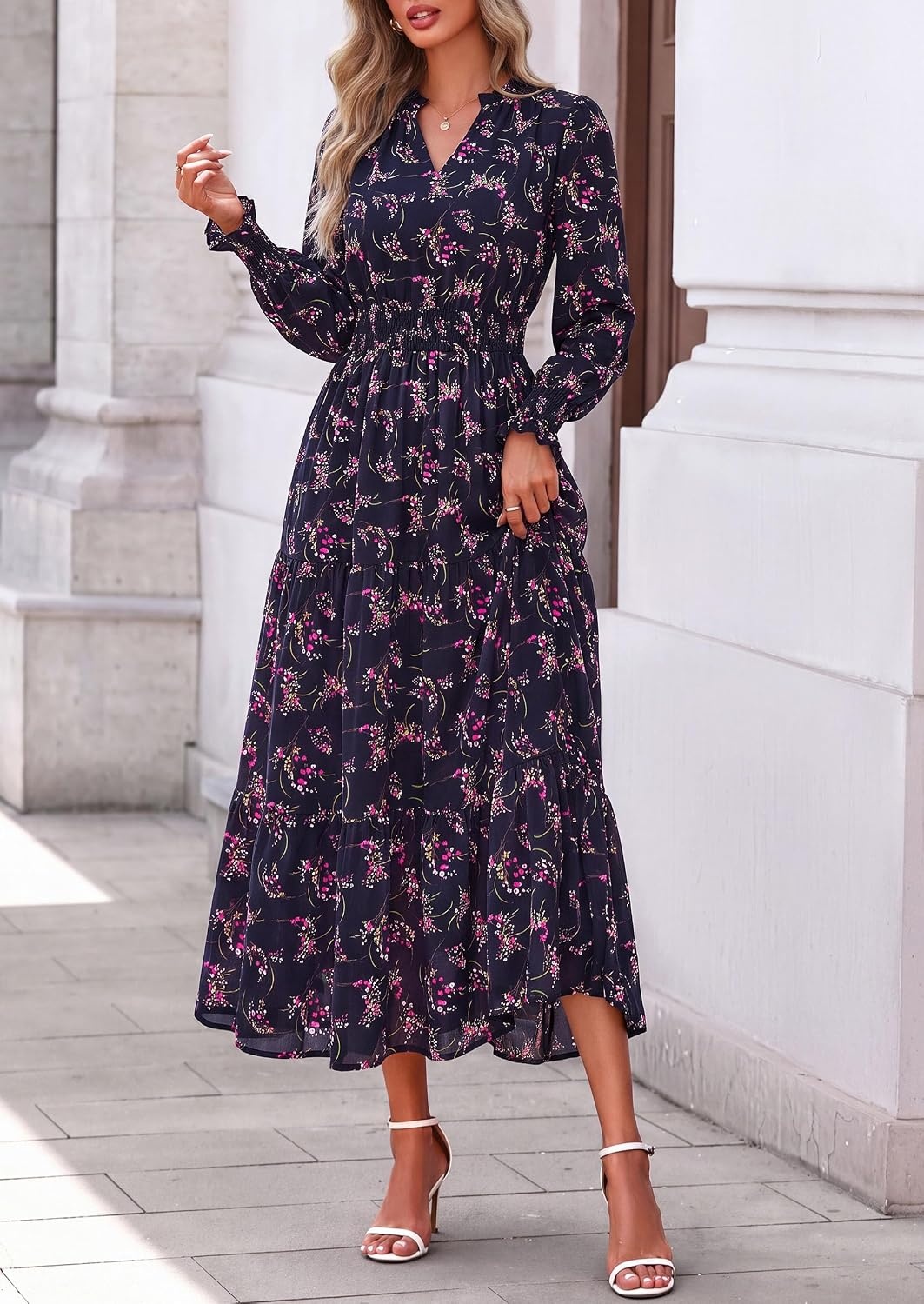 image:imagePRETTYGARDEN Womens Floral Maxi Dress Fall A Line Wedding Guest DressesFloral Navy Rose Red