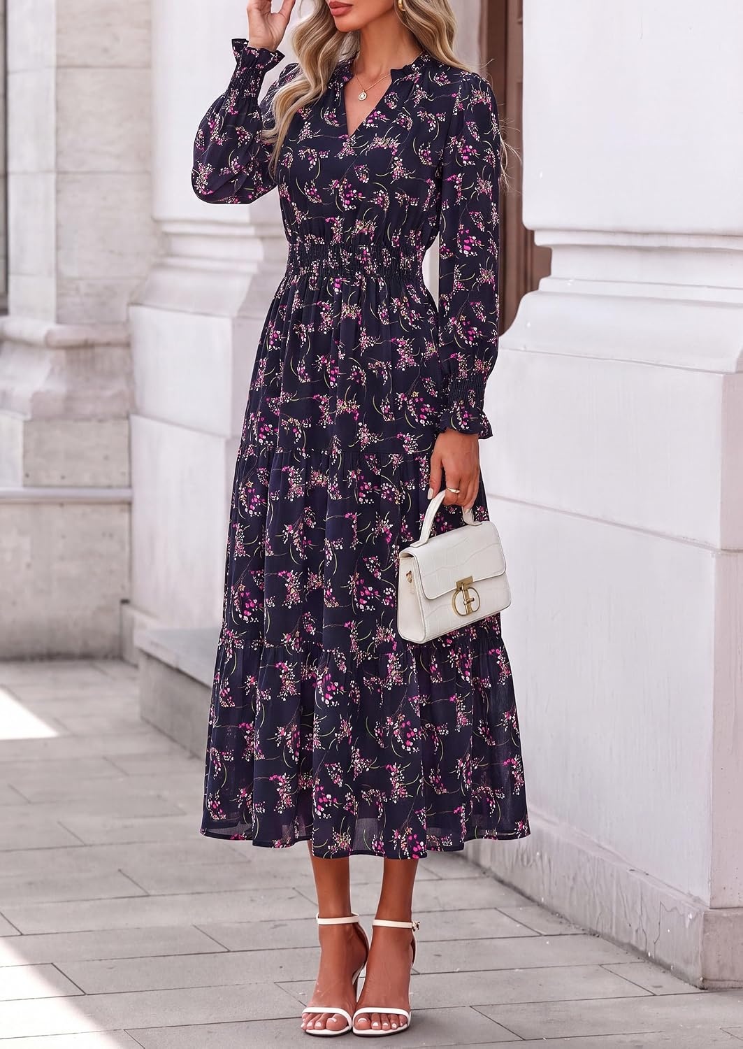 image:imagePRETTYGARDEN Womens Floral Maxi Dress Fall A Line Wedding Guest DressesFloral Navy Rose Red