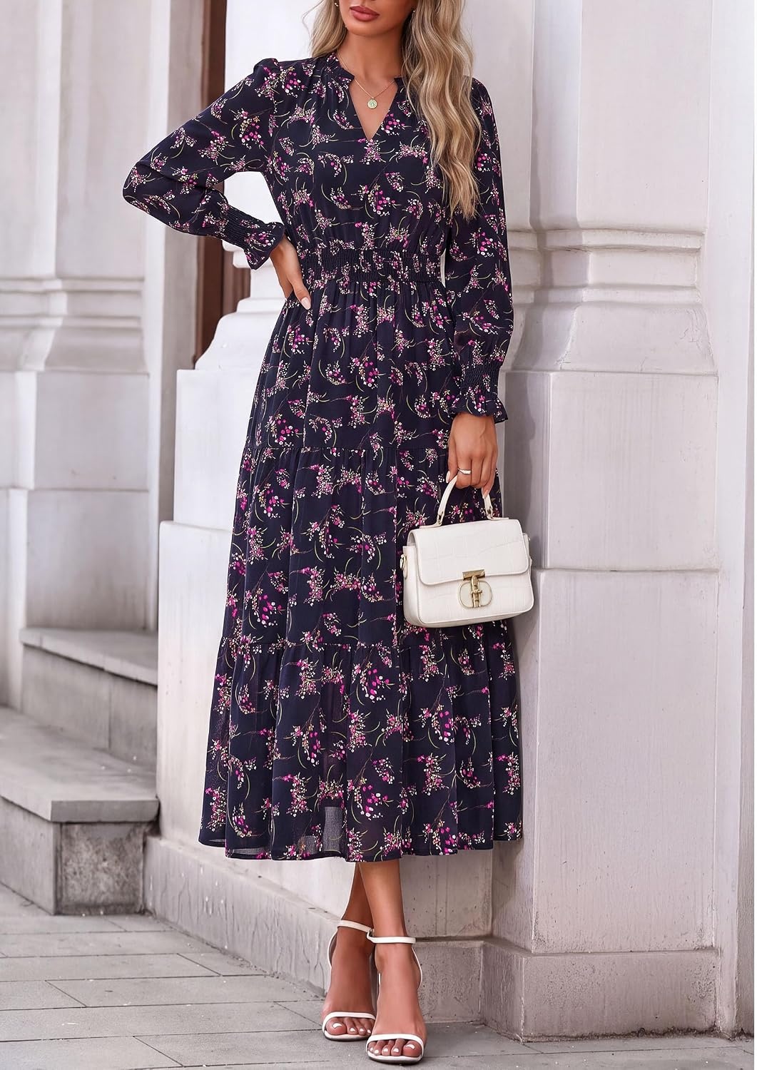 image:imagePRETTYGARDEN Womens Floral Maxi Dress Fall A Line Wedding Guest DressesFloral Navy Rose Red
