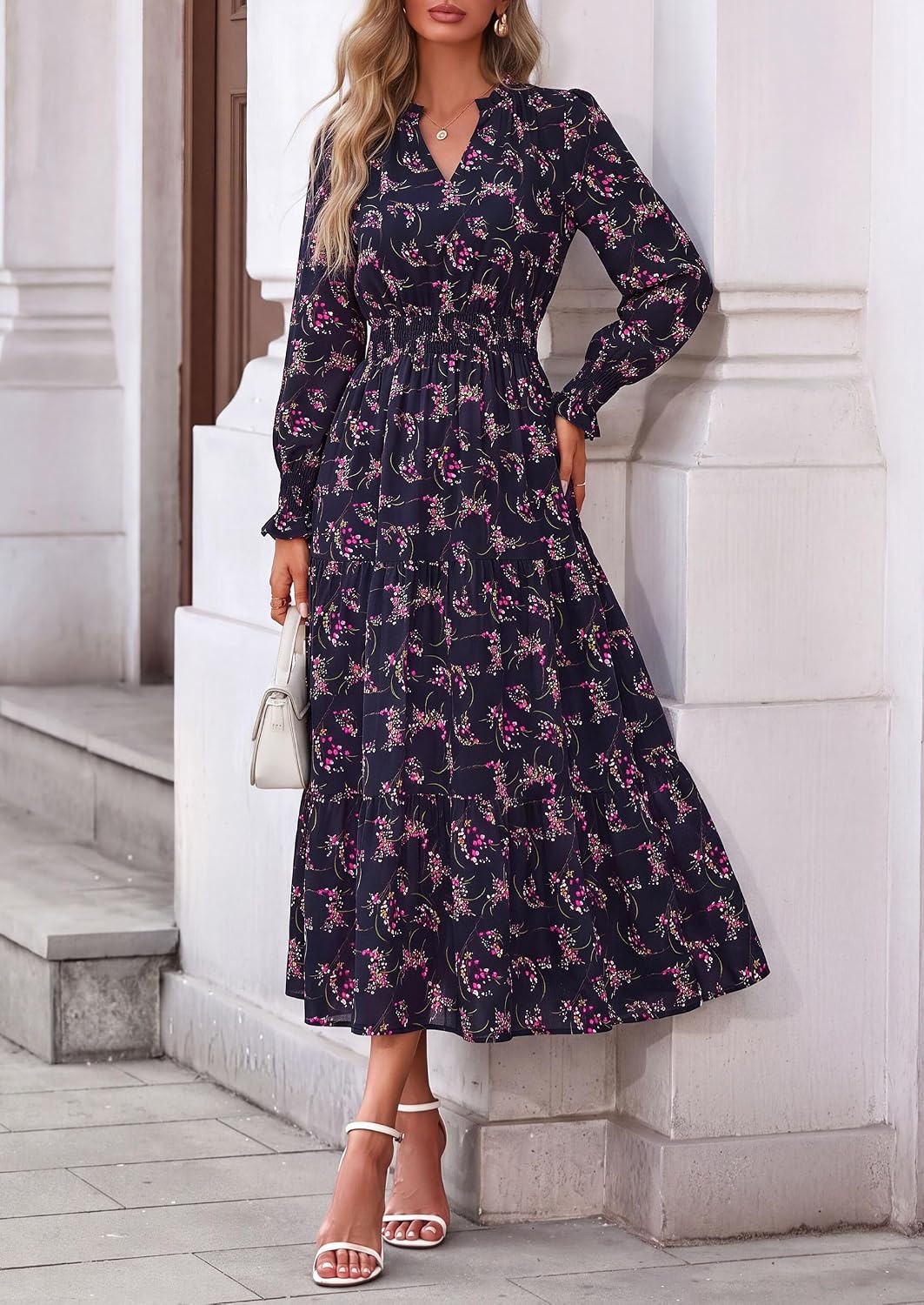 image:imagePRETTYGARDEN Womens Floral Maxi Dress Fall A Line Wedding Guest DressesFloral Navy Rose Red