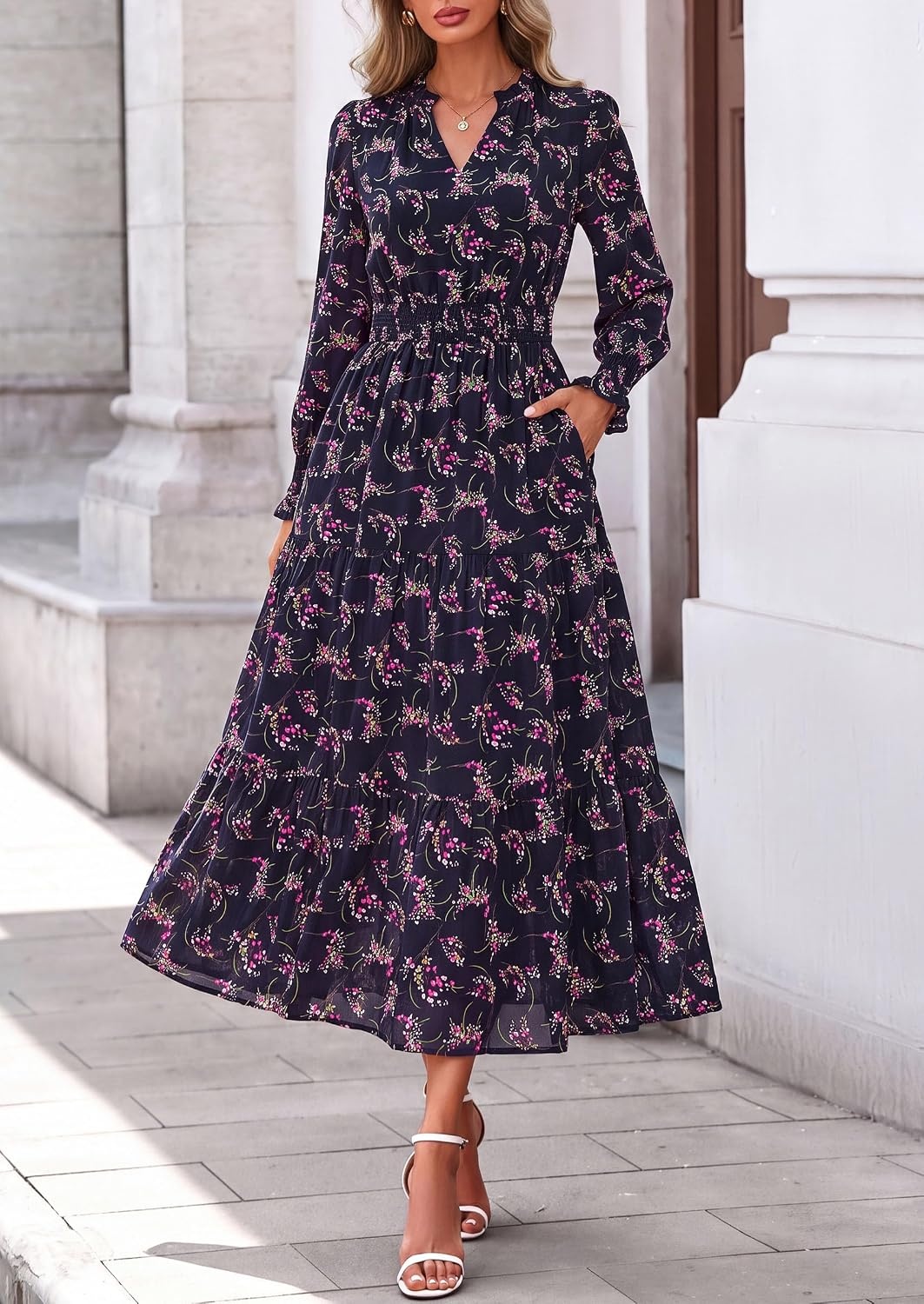 image:imagePRETTYGARDEN Womens Floral Maxi Dress Fall A Line Wedding Guest DressesFloral Navy Rose Red