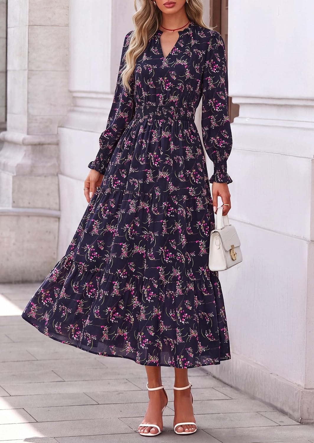 image:imagePRETTYGARDEN Womens Floral Maxi Dress Fall A Line Wedding Guest DressesFloral Navy Rose Red