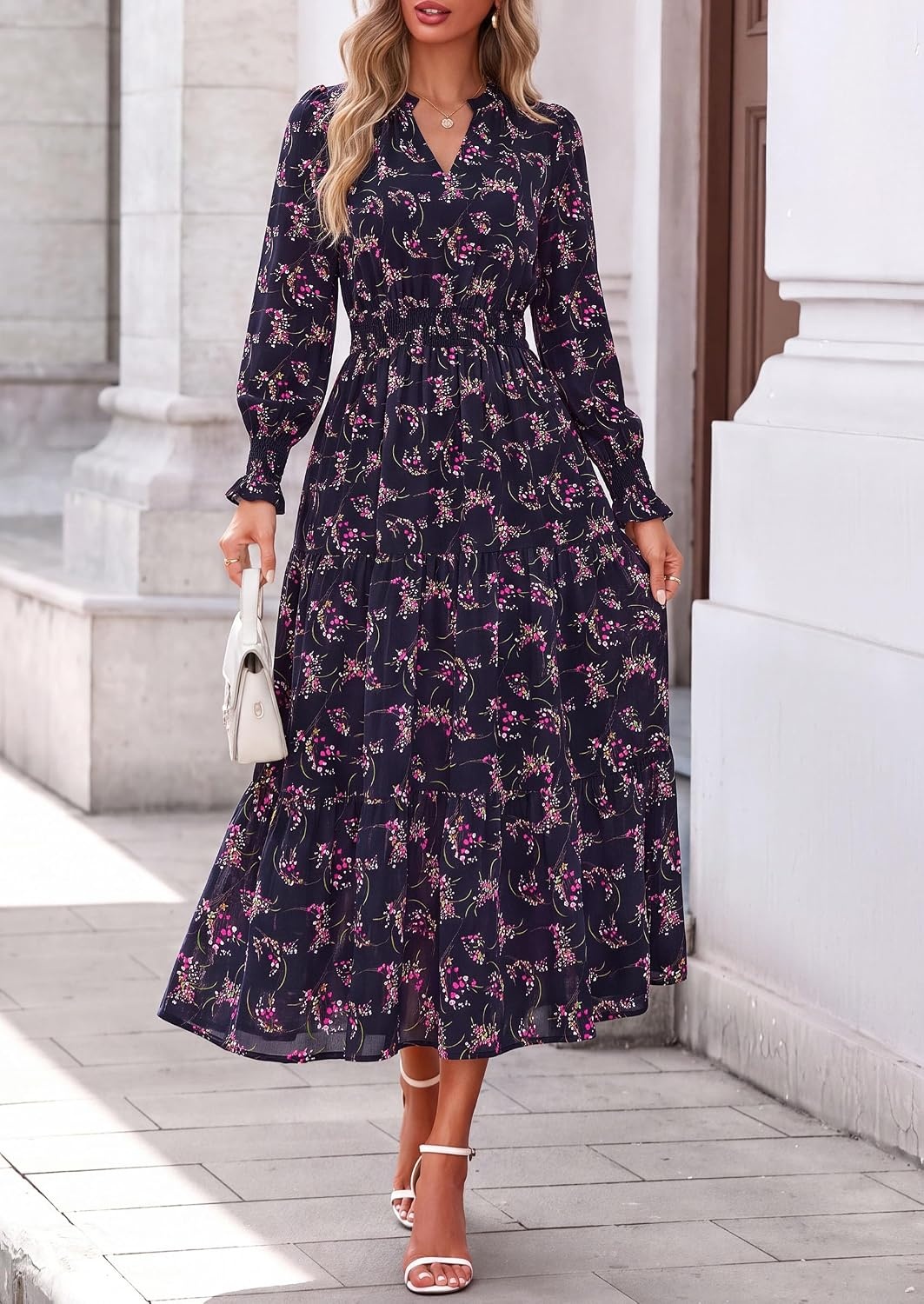 image:imagePRETTYGARDEN Womens Floral Maxi Dress Fall A Line Wedding Guest DressesFloral Navy Rose Red