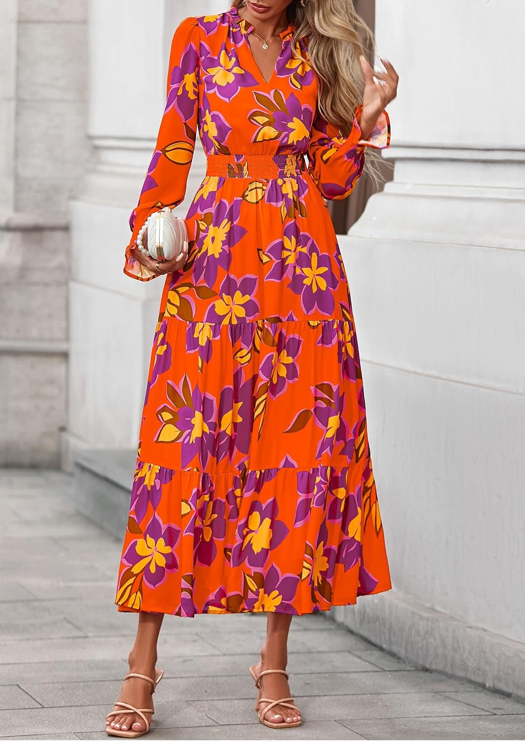 image:imagePRETTYGARDEN Womens Floral Maxi Dress Fall A Line Wedding Guest DressesFloral Orange Purple