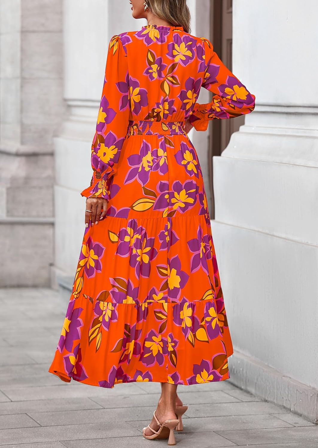 image:imagePRETTYGARDEN Womens Floral Maxi Dress Fall A Line Wedding Guest DressesFloral Orange Purple