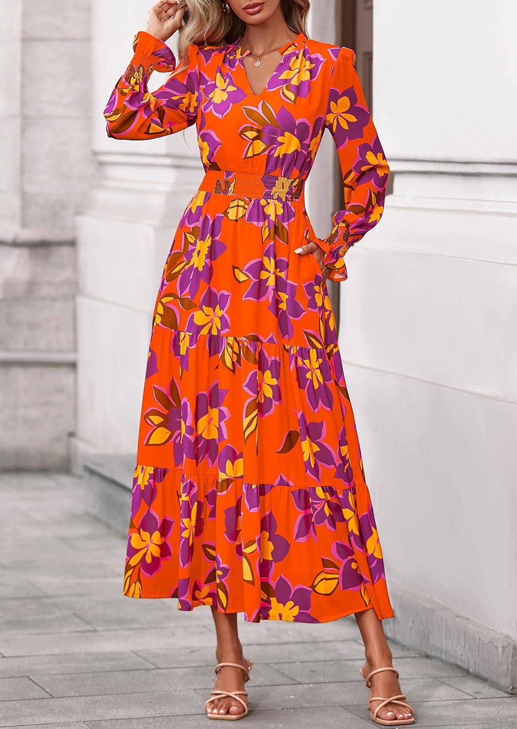 image:imagePRETTYGARDEN Womens Floral Maxi Dress Fall A Line Wedding Guest DressesFloral Orange Purple