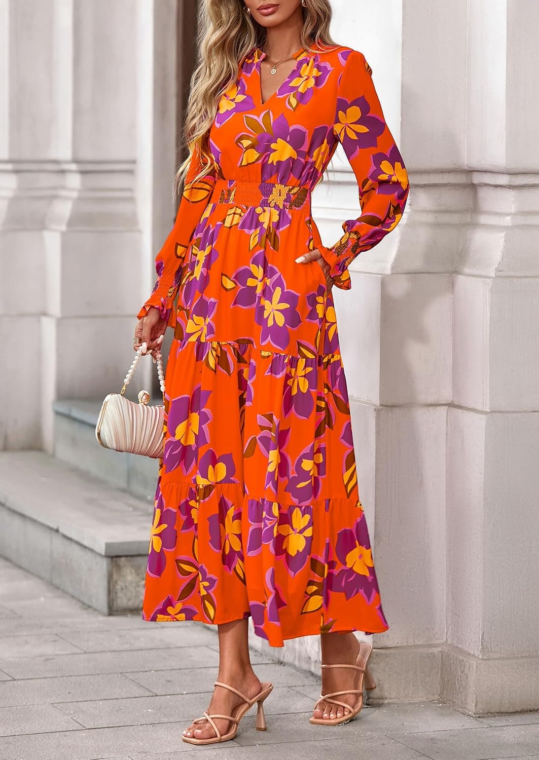 image:imagePRETTYGARDEN Womens Floral Maxi Dress Fall A Line Wedding Guest DressesFloral Orange Purple