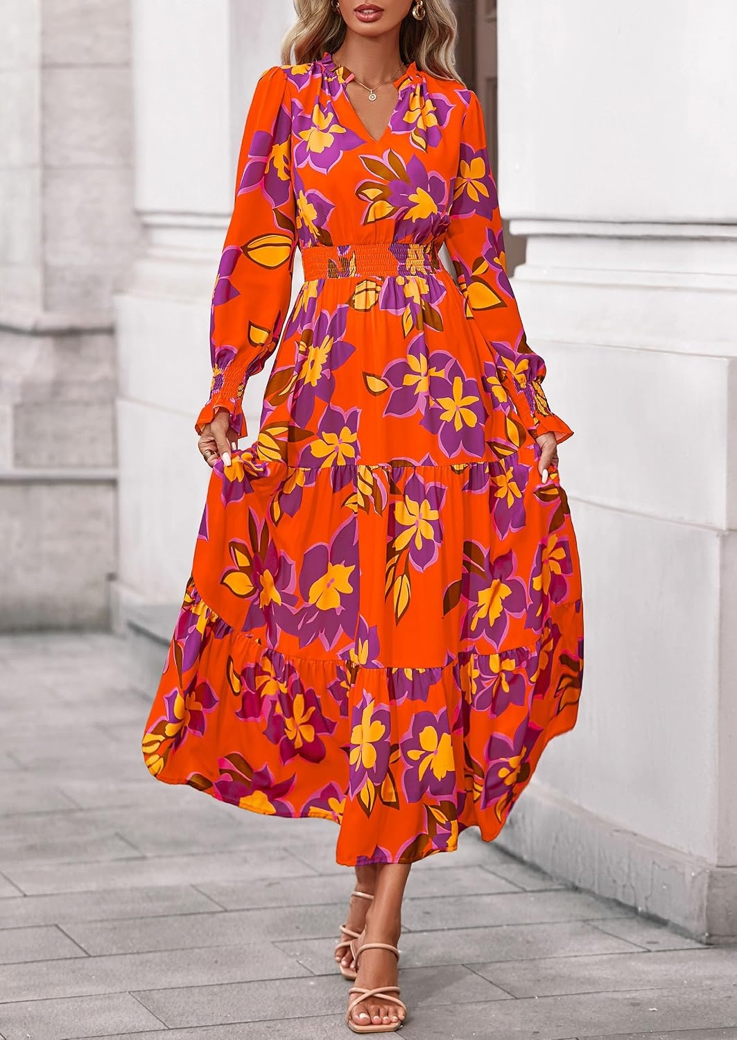 image:imagePRETTYGARDEN Womens Floral Maxi Dress Fall A Line Wedding Guest DressesFloral Orange Purple