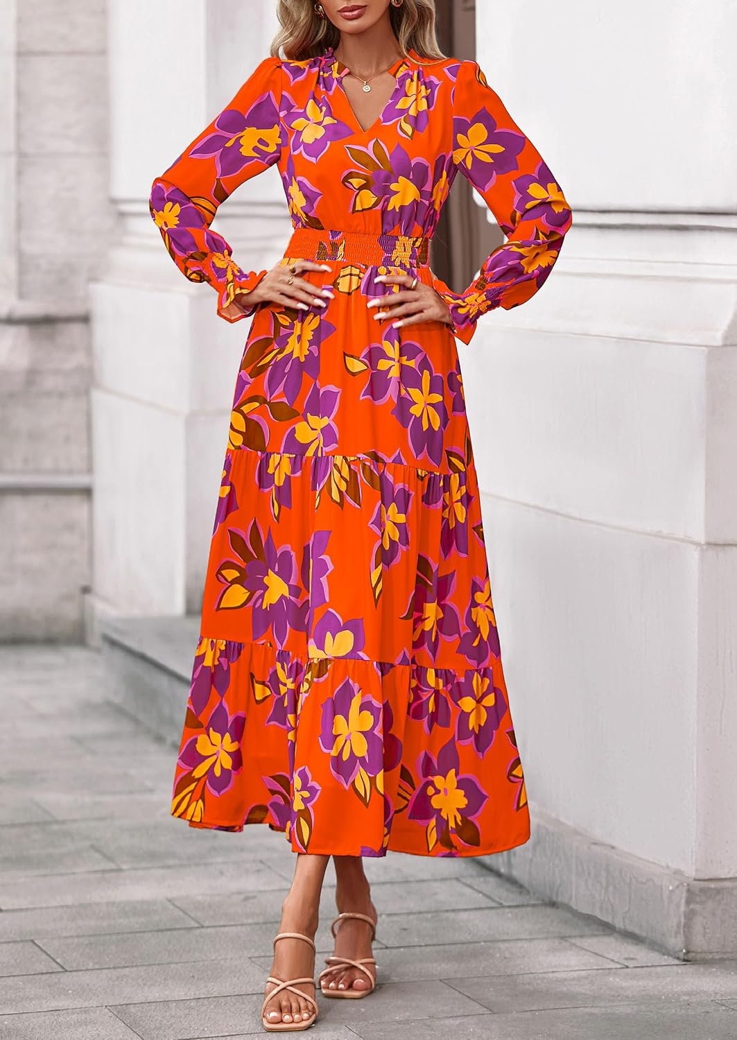 image:imagePRETTYGARDEN Womens Floral Maxi Dress Fall A Line Wedding Guest DressesFloral Orange Purple