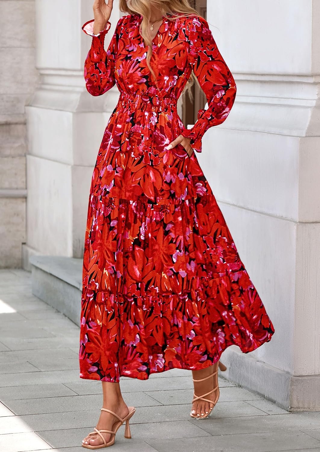 image:imagePRETTYGARDEN Womens Floral Maxi Dress Fall A Line Wedding Guest DressesFloral Red