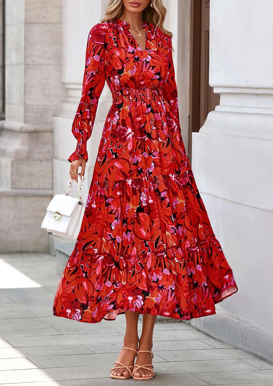 image:imagePRETTYGARDEN Womens Floral Maxi Dress Fall A Line Wedding Guest DressesFloral Red