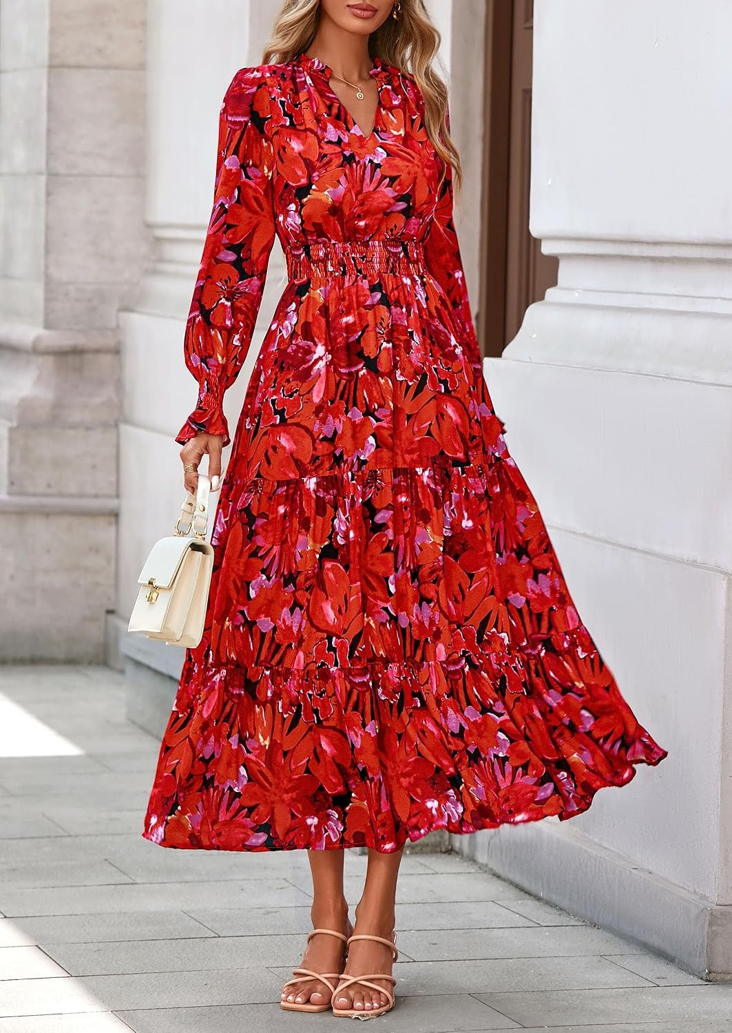 image:imagePRETTYGARDEN Womens Floral Maxi Dress Fall A Line Wedding Guest DressesFloral Red