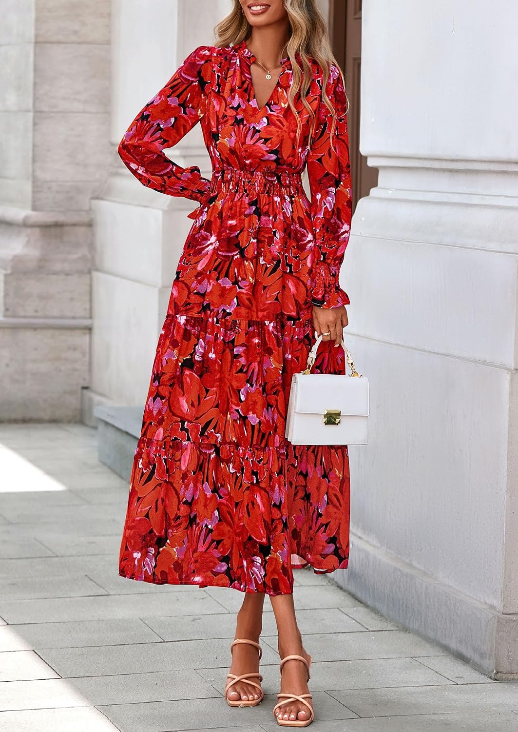 image:imagePRETTYGARDEN Womens Floral Maxi Dress Fall A Line Wedding Guest DressesFloral Red