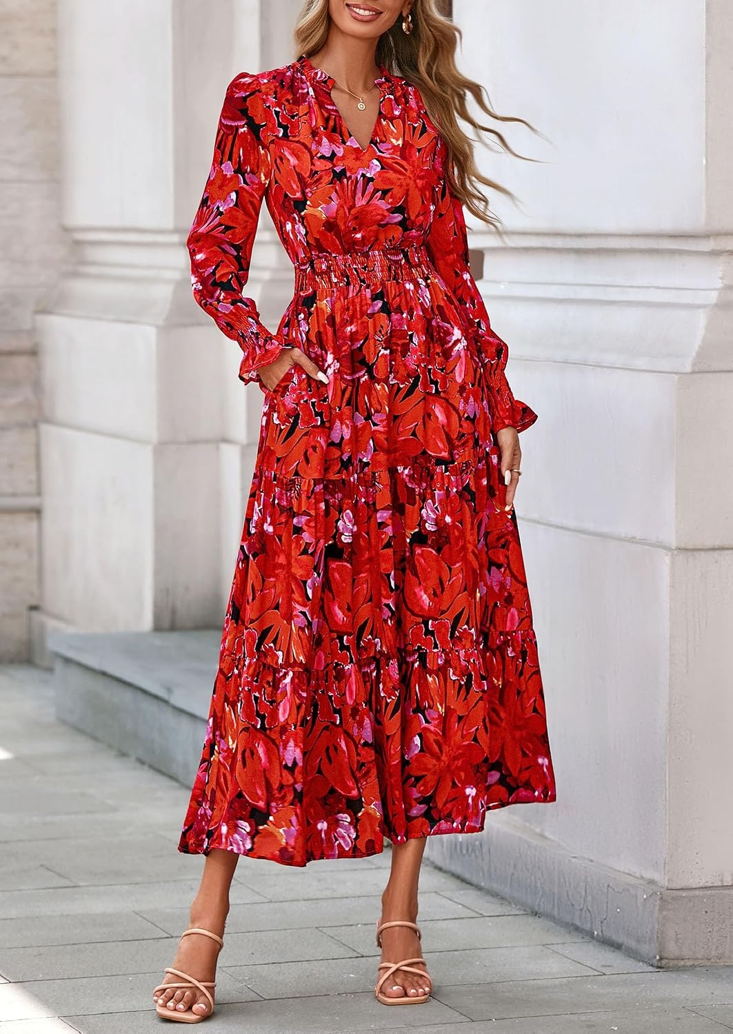 image:imagePRETTYGARDEN Womens Floral Maxi Dress Fall A Line Wedding Guest DressesFloral Red