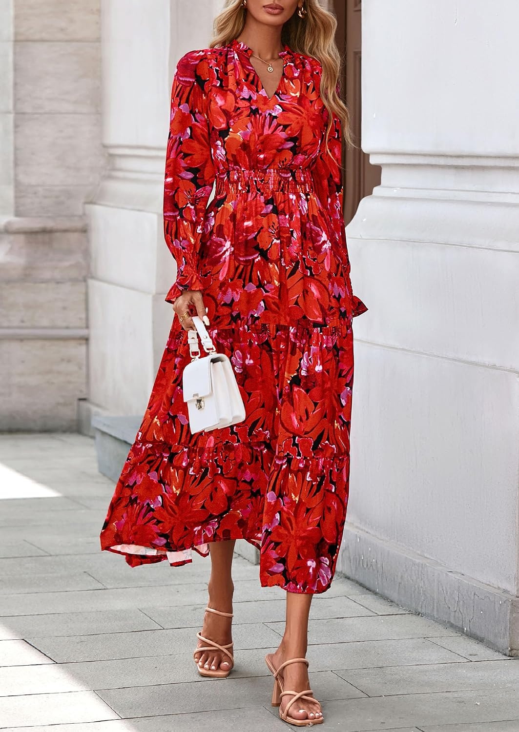 image:imagePRETTYGARDEN Womens Floral Maxi Dress Fall A Line Wedding Guest DressesFloral Red
