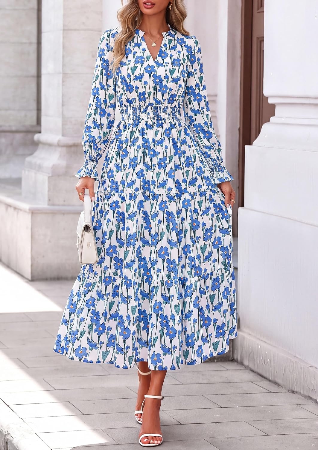 image:imagePRETTYGARDEN Womens Floral Maxi Dress Fall A Line Wedding Guest DressesFloral White Blue
