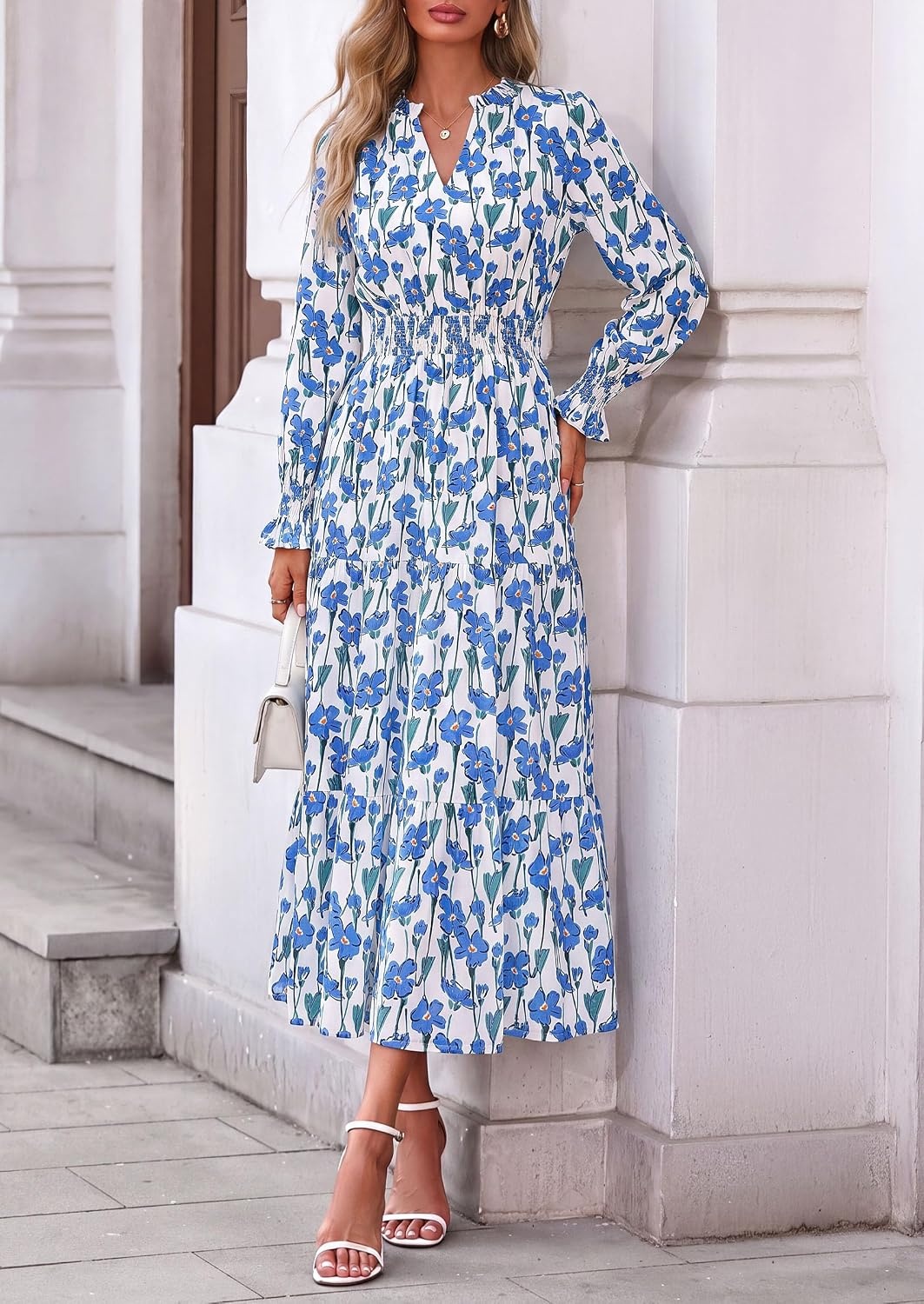 image:imagePRETTYGARDEN Womens Floral Maxi Dress Fall A Line Wedding Guest DressesFloral White Blue