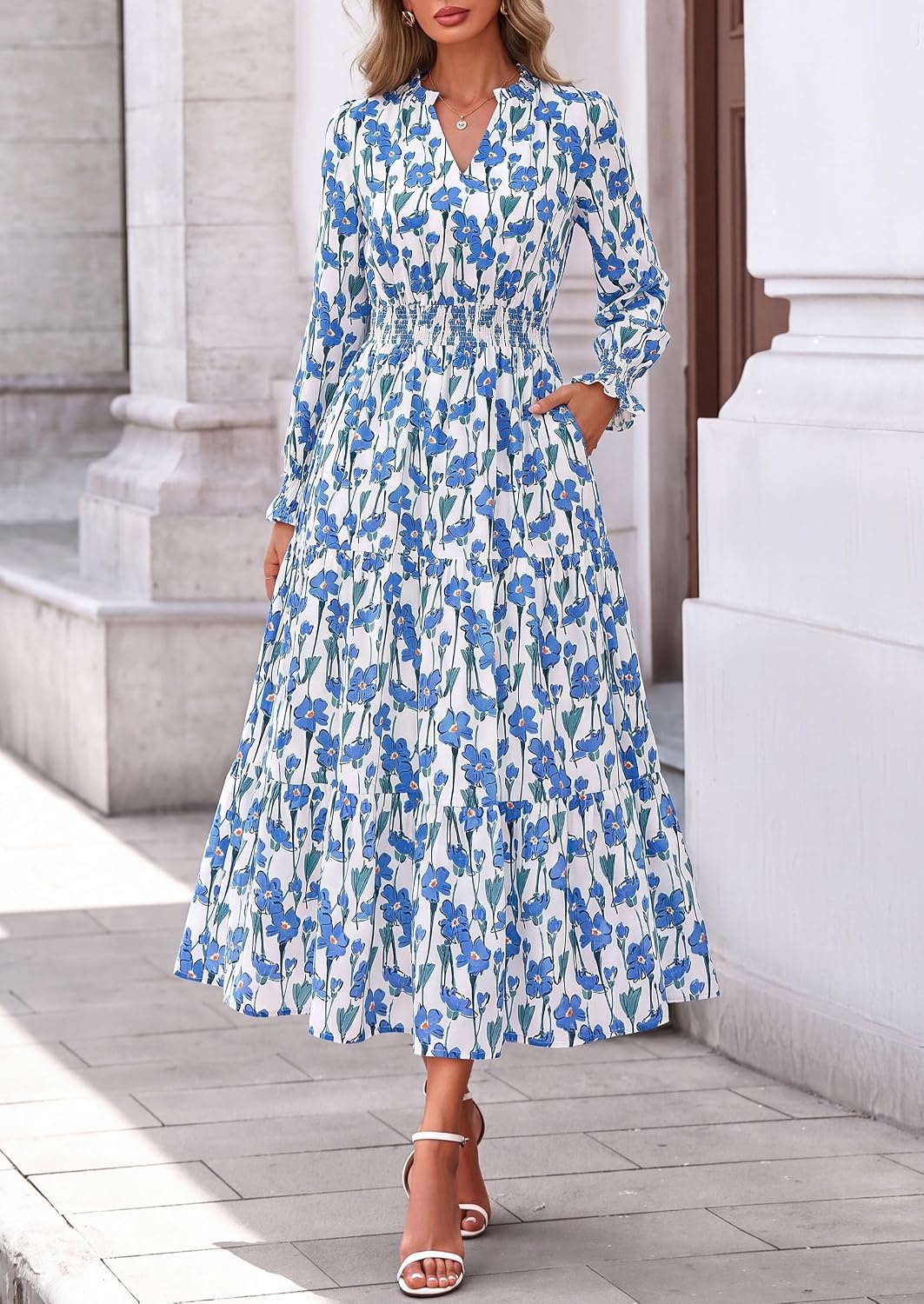 image:imagePRETTYGARDEN Womens Floral Maxi Dress Fall A Line Wedding Guest DressesFloral White Blue
