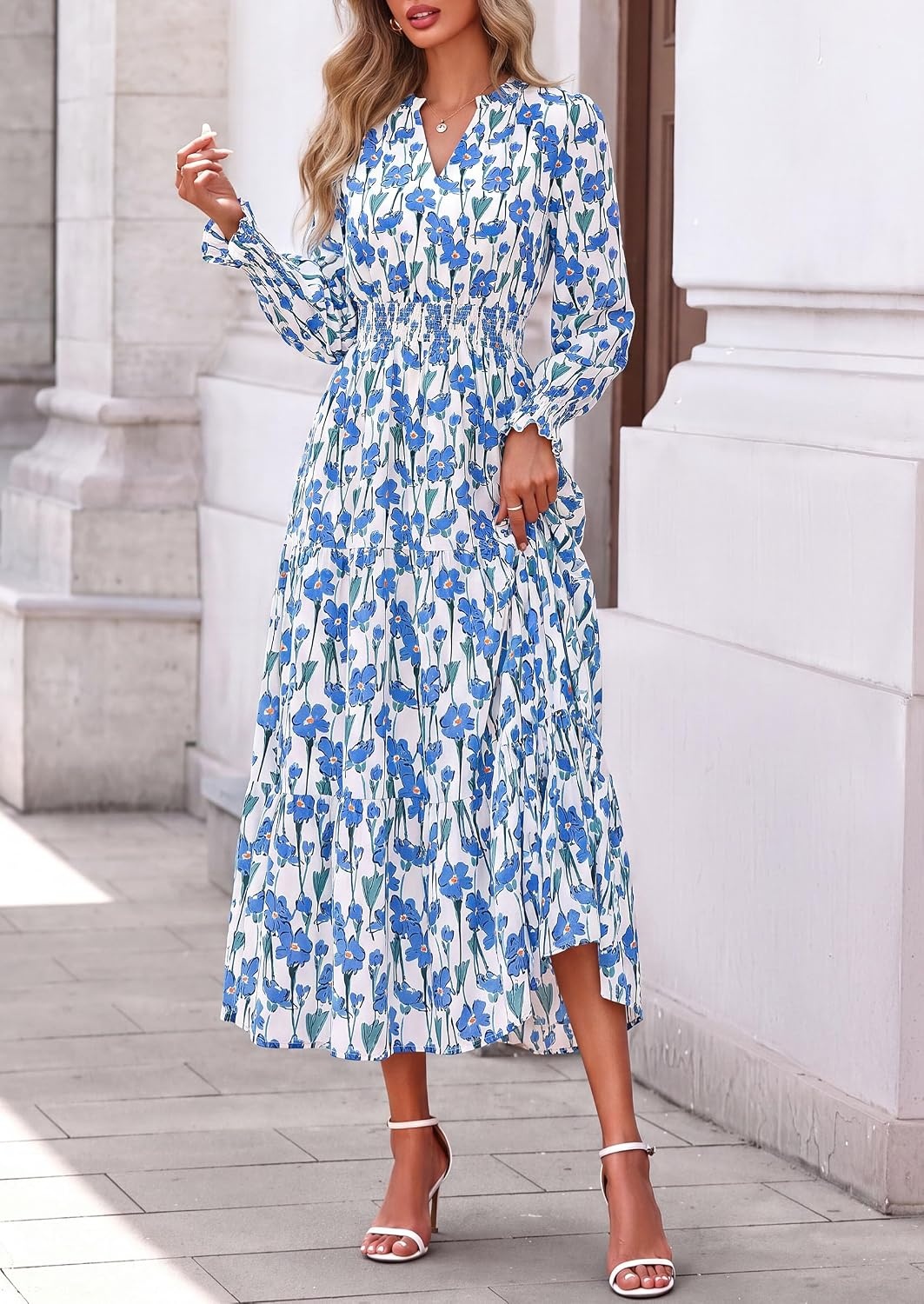 image:imagePRETTYGARDEN Womens Floral Maxi Dress Fall A Line Wedding Guest DressesFloral White Blue