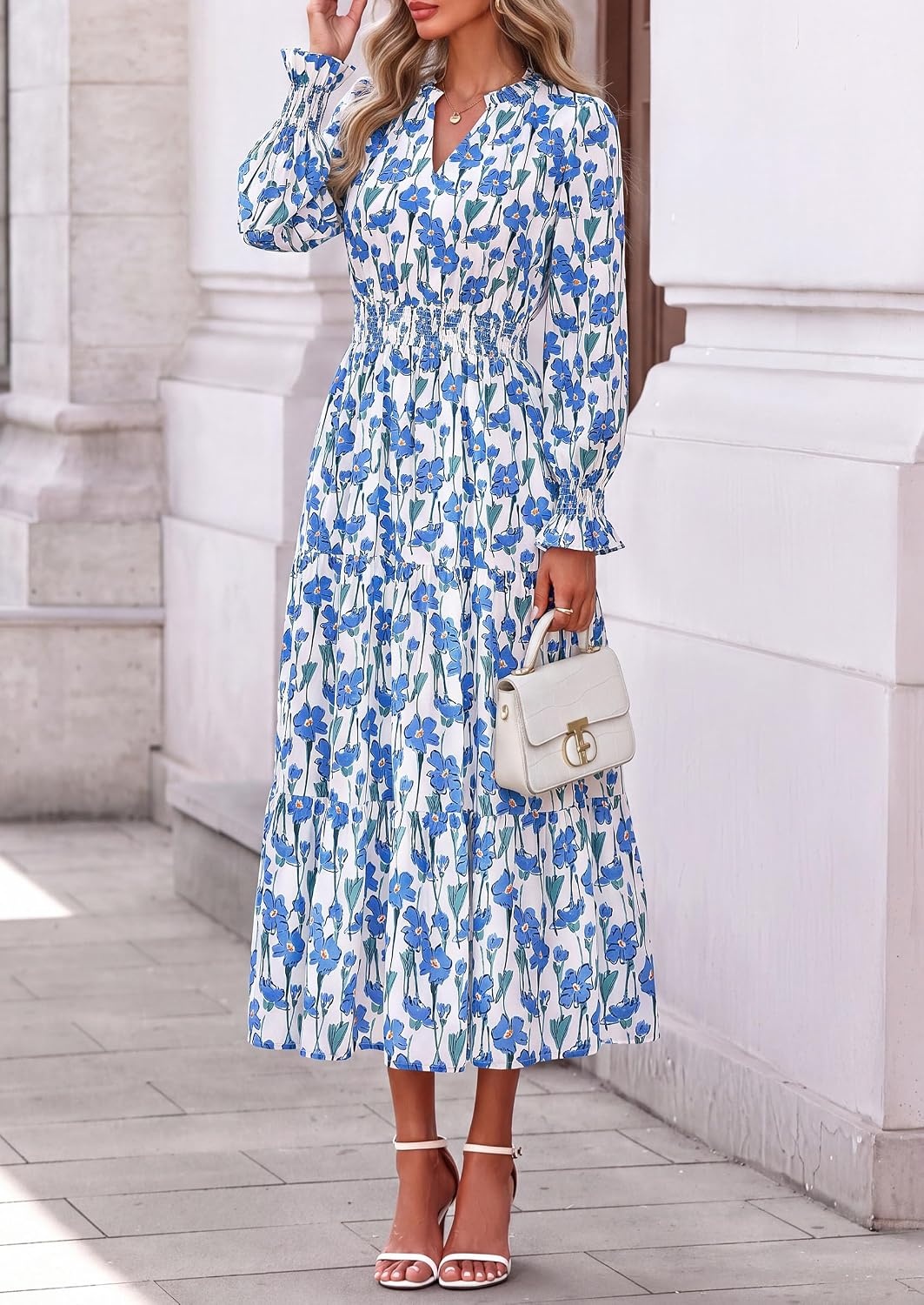 image:imagePRETTYGARDEN Womens Floral Maxi Dress Fall A Line Wedding Guest DressesFloral White Blue