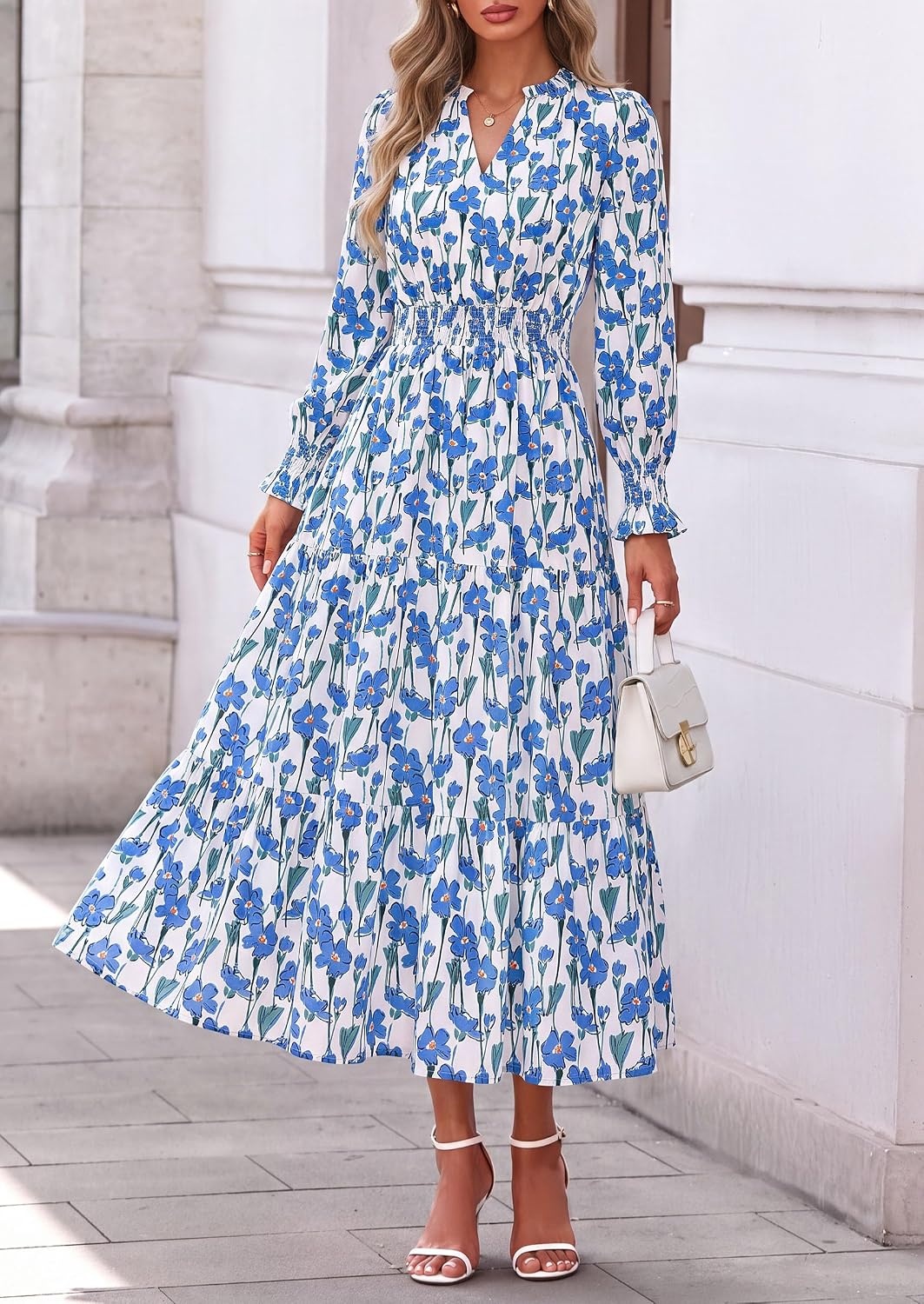 image:imagePRETTYGARDEN Womens Floral Maxi Dress Fall A Line Wedding Guest DressesFloral White Blue