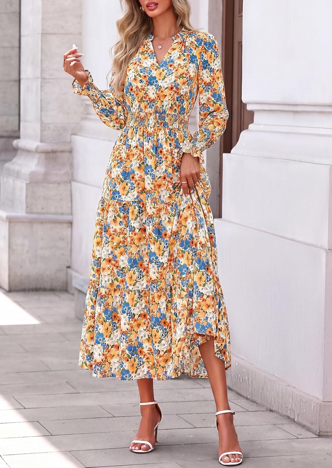 image:imagePRETTYGARDEN Womens Floral Maxi Dress Fall A Line Wedding Guest DressesFloral White Orange