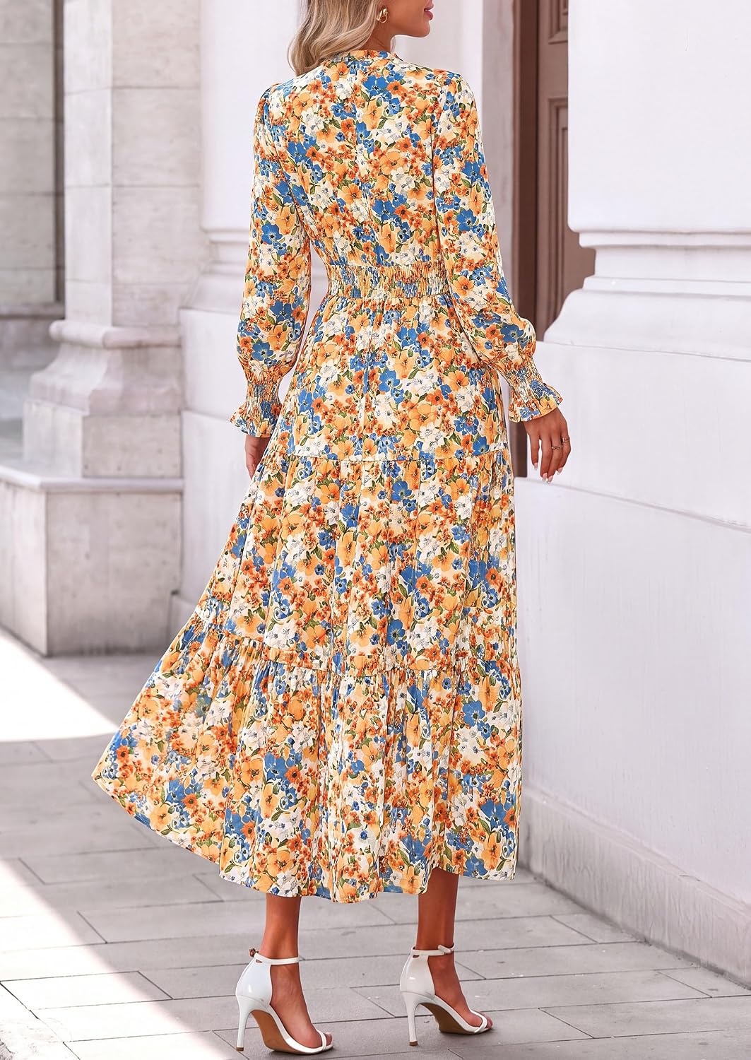 image:imagePRETTYGARDEN Womens Floral Maxi Dress Fall A Line Wedding Guest DressesFloral White Orange
