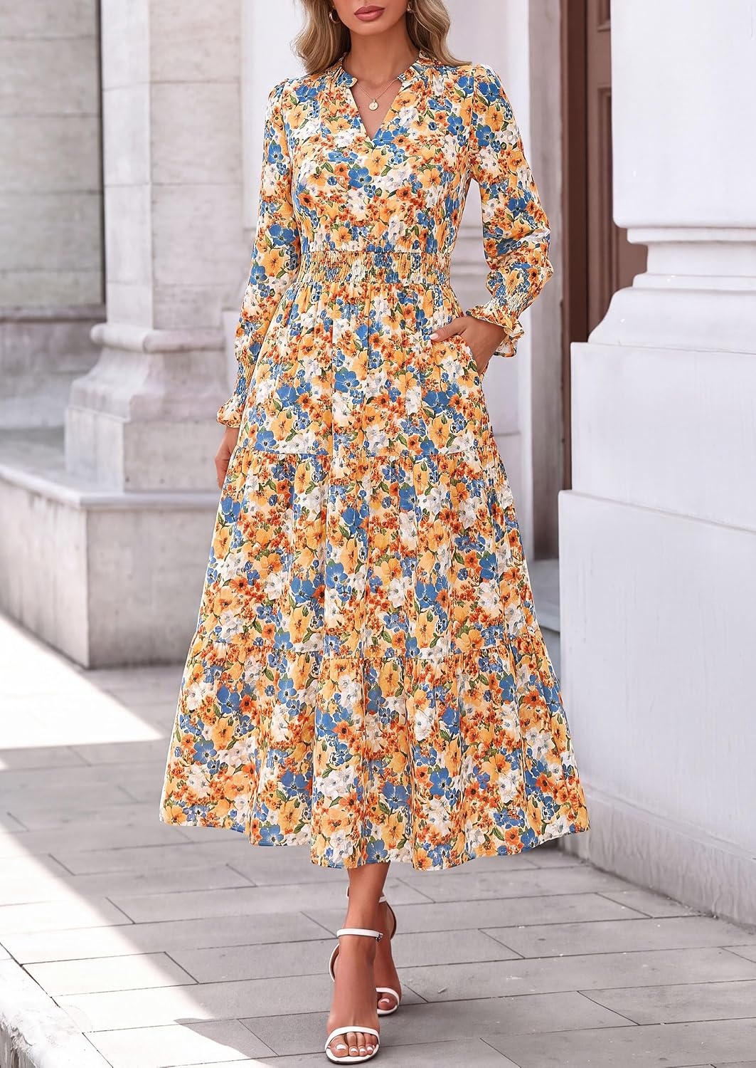 image:imagePRETTYGARDEN Womens Floral Maxi Dress Fall A Line Wedding Guest DressesFloral White Orange