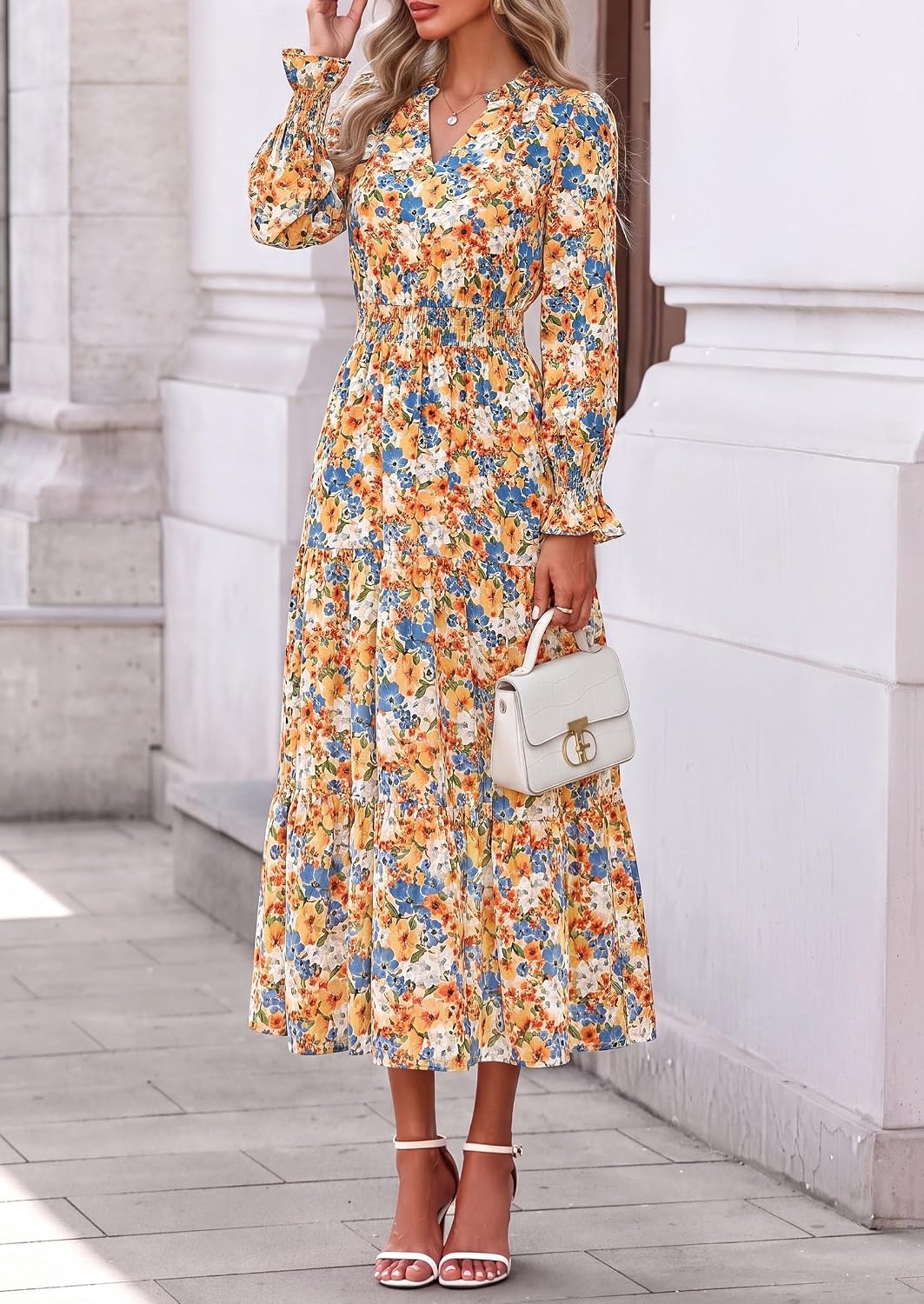 image:imagePRETTYGARDEN Womens Floral Maxi Dress Fall A Line Wedding Guest DressesFloral White Orange