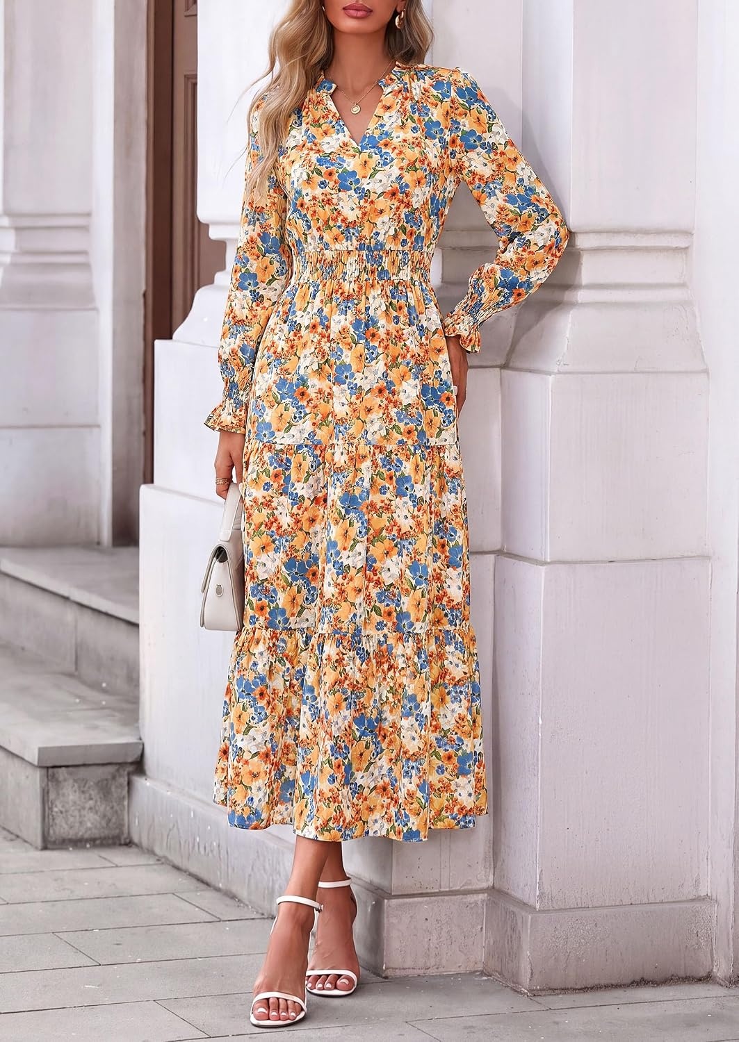 image:imagePRETTYGARDEN Womens Floral Maxi Dress Fall A Line Wedding Guest DressesFloral White Orange