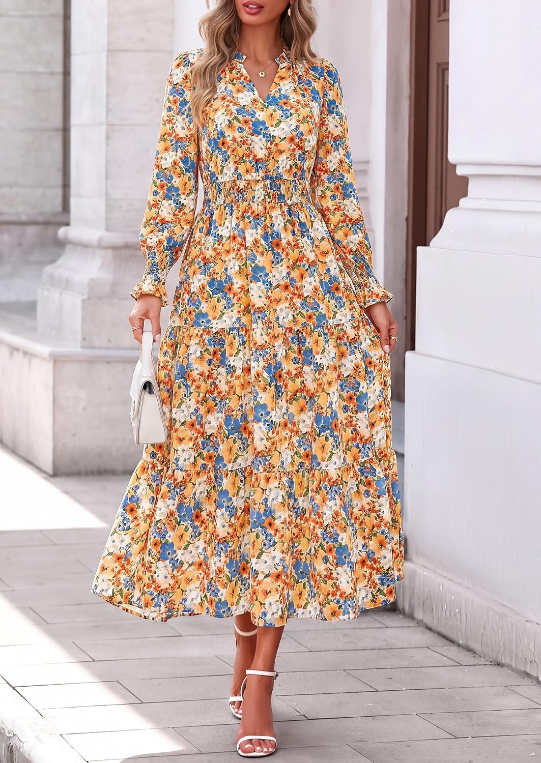 image:imagePRETTYGARDEN Womens Floral Maxi Dress Fall A Line Wedding Guest DressesFloral White Orange