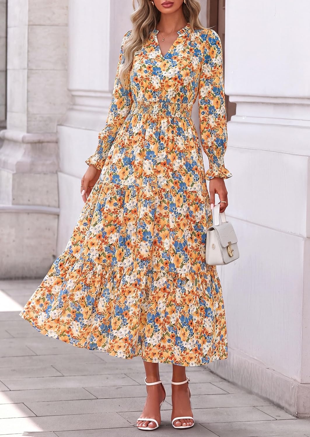image:imagePRETTYGARDEN Womens Floral Maxi Dress Fall A Line Wedding Guest DressesFloral White Orange