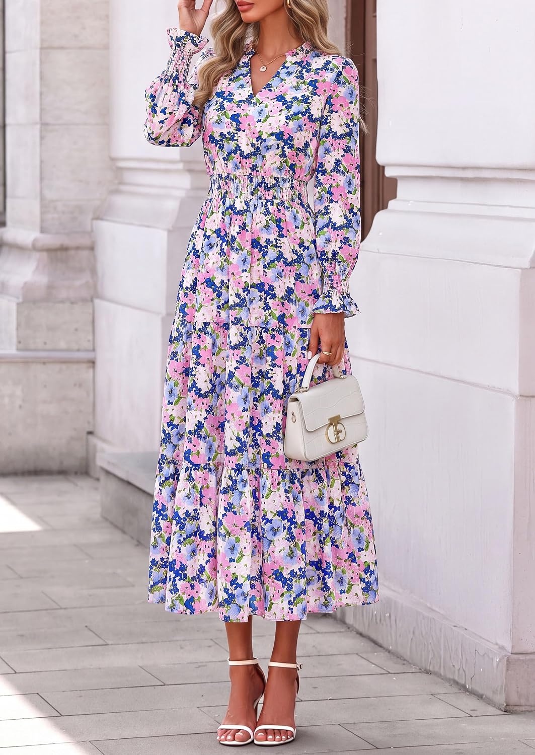 image:imagePRETTYGARDEN Womens Floral Maxi Dress Fall A Line Wedding Guest DressesFloral White Pink