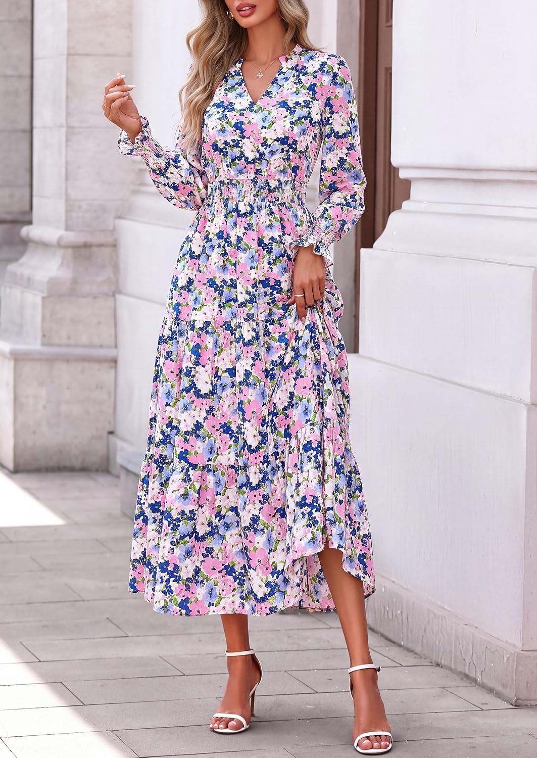 image:imagePRETTYGARDEN Womens Floral Maxi Dress Fall A Line Wedding Guest DressesFloral White Pink