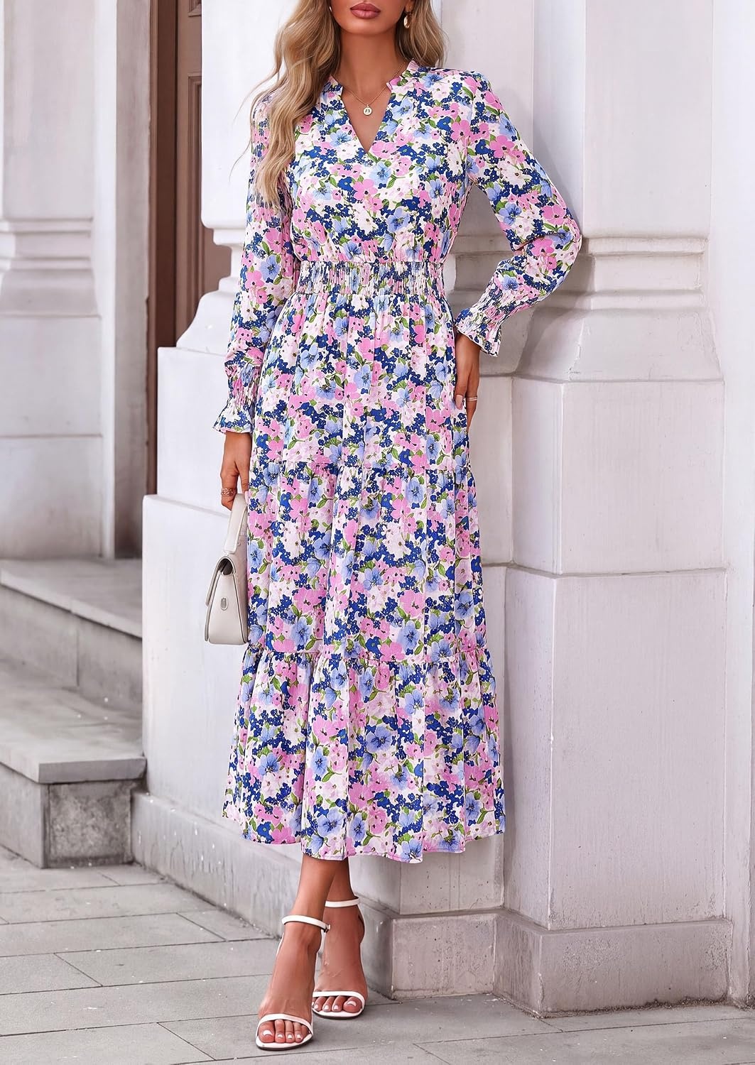 image:imagePRETTYGARDEN Womens Floral Maxi Dress Fall A Line Wedding Guest DressesFloral White Pink
