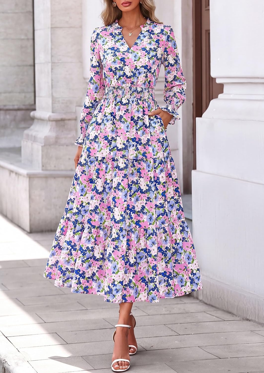 image:imagePRETTYGARDEN Womens Floral Maxi Dress Fall A Line Wedding Guest DressesFloral White Pink