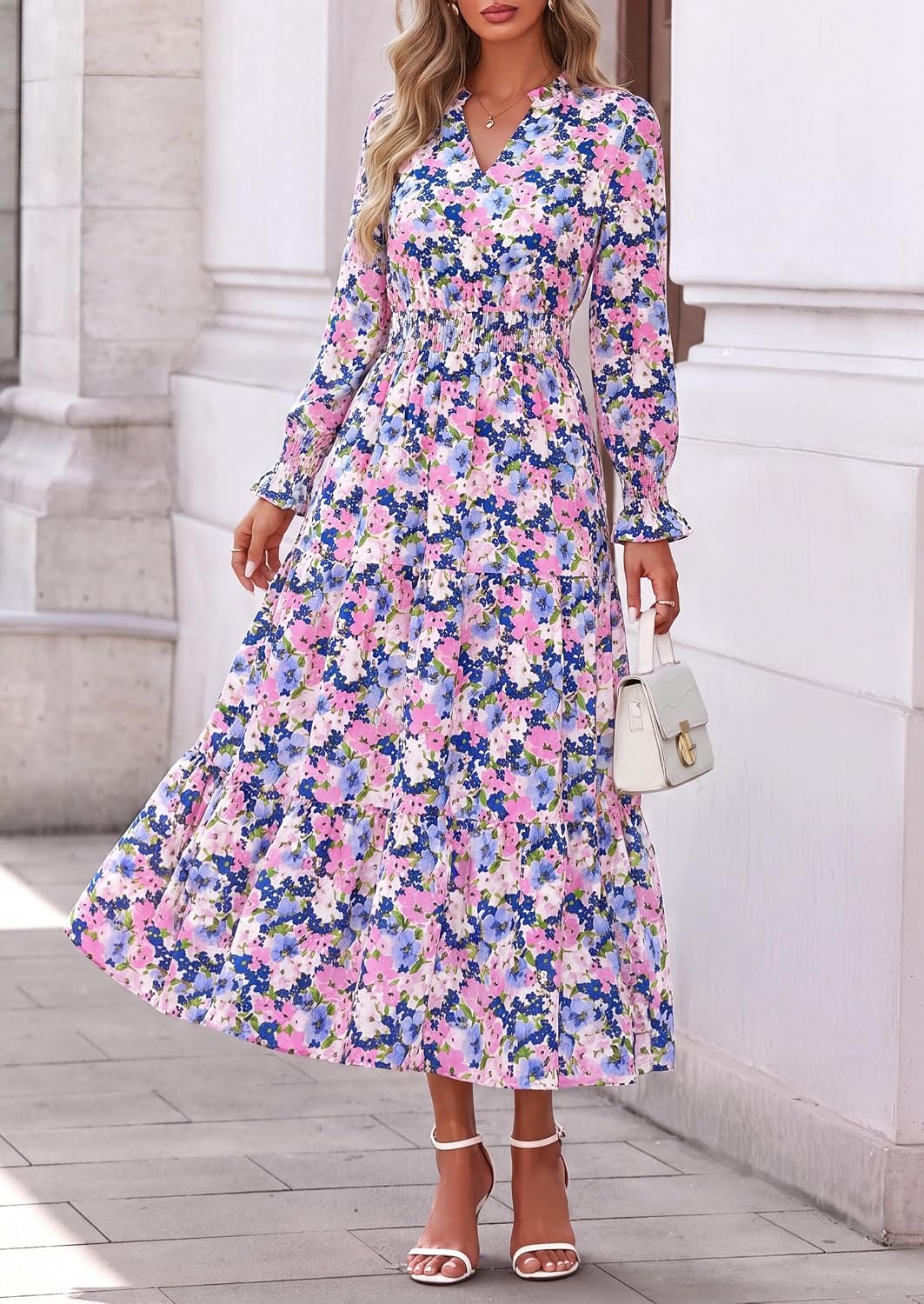 image:imagePRETTYGARDEN Womens Floral Maxi Dress Fall A Line Wedding Guest DressesFloral White Pink