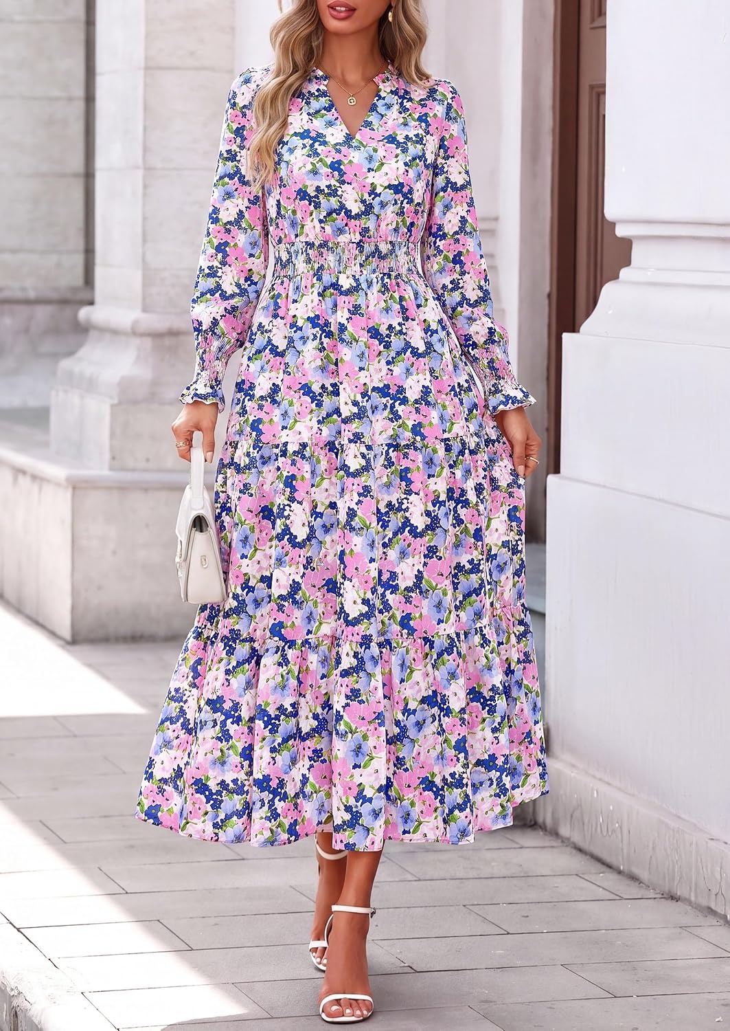 image:imagePRETTYGARDEN Womens Floral Maxi Dress Fall A Line Wedding Guest DressesFloral White Pink