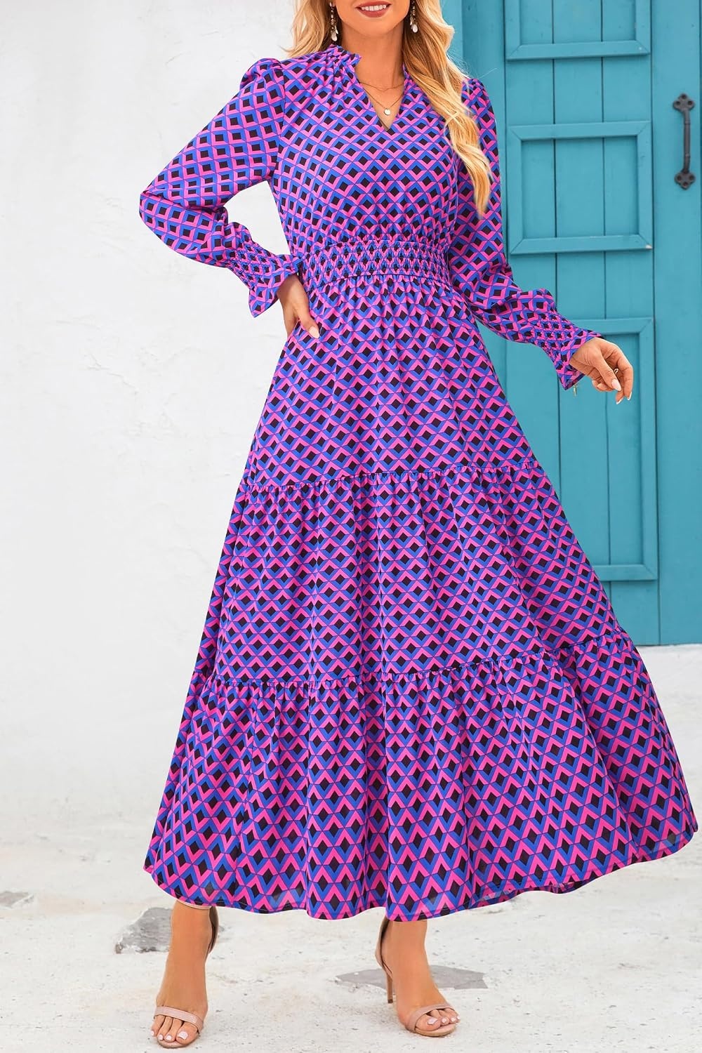 image:imagePRETTYGARDEN Womens Floral Maxi Dress Fall A Line Wedding Guest DressesPlaid Blue Pink